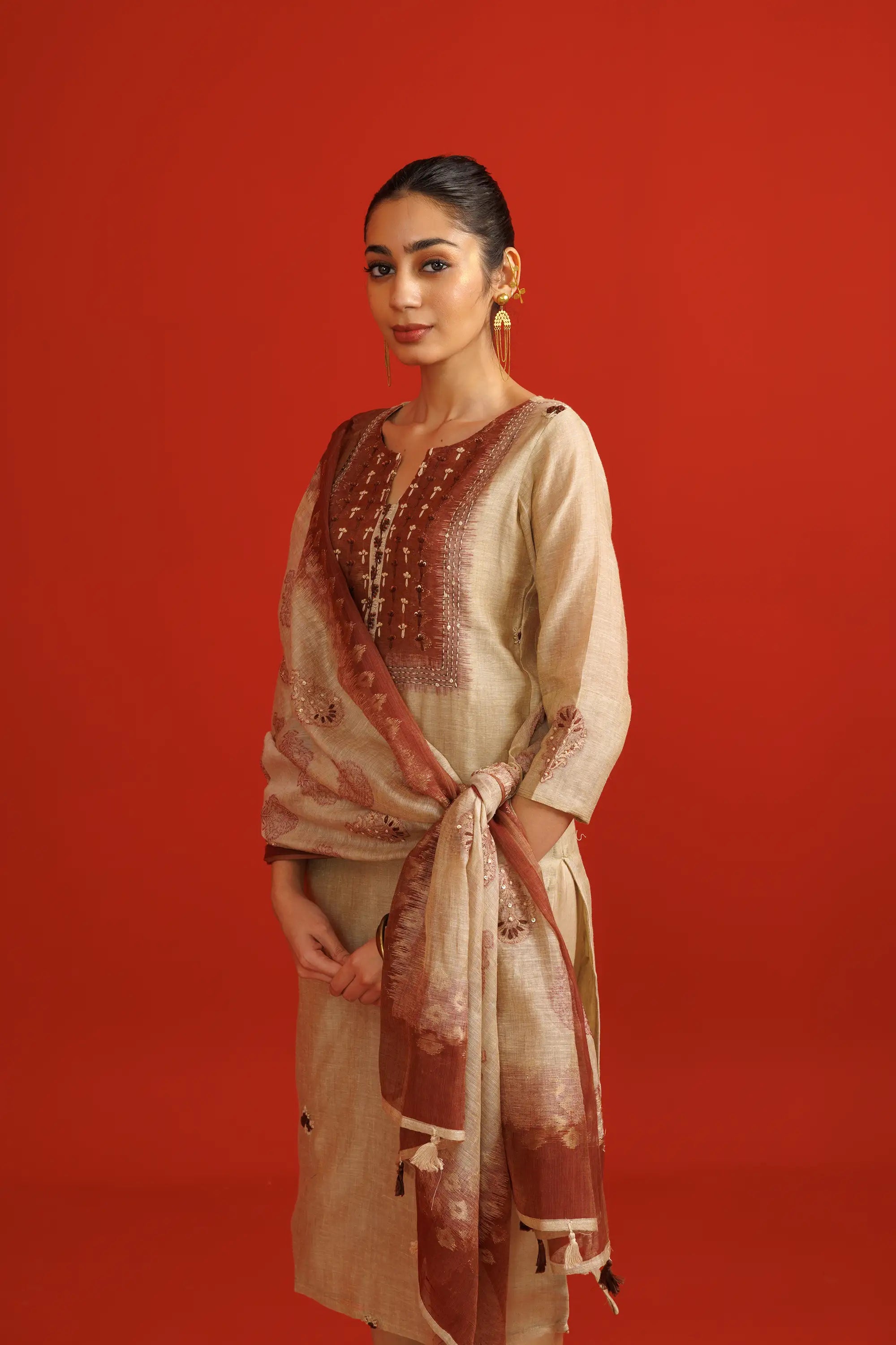 Beige Jamdani Weave Kurta Suit Set