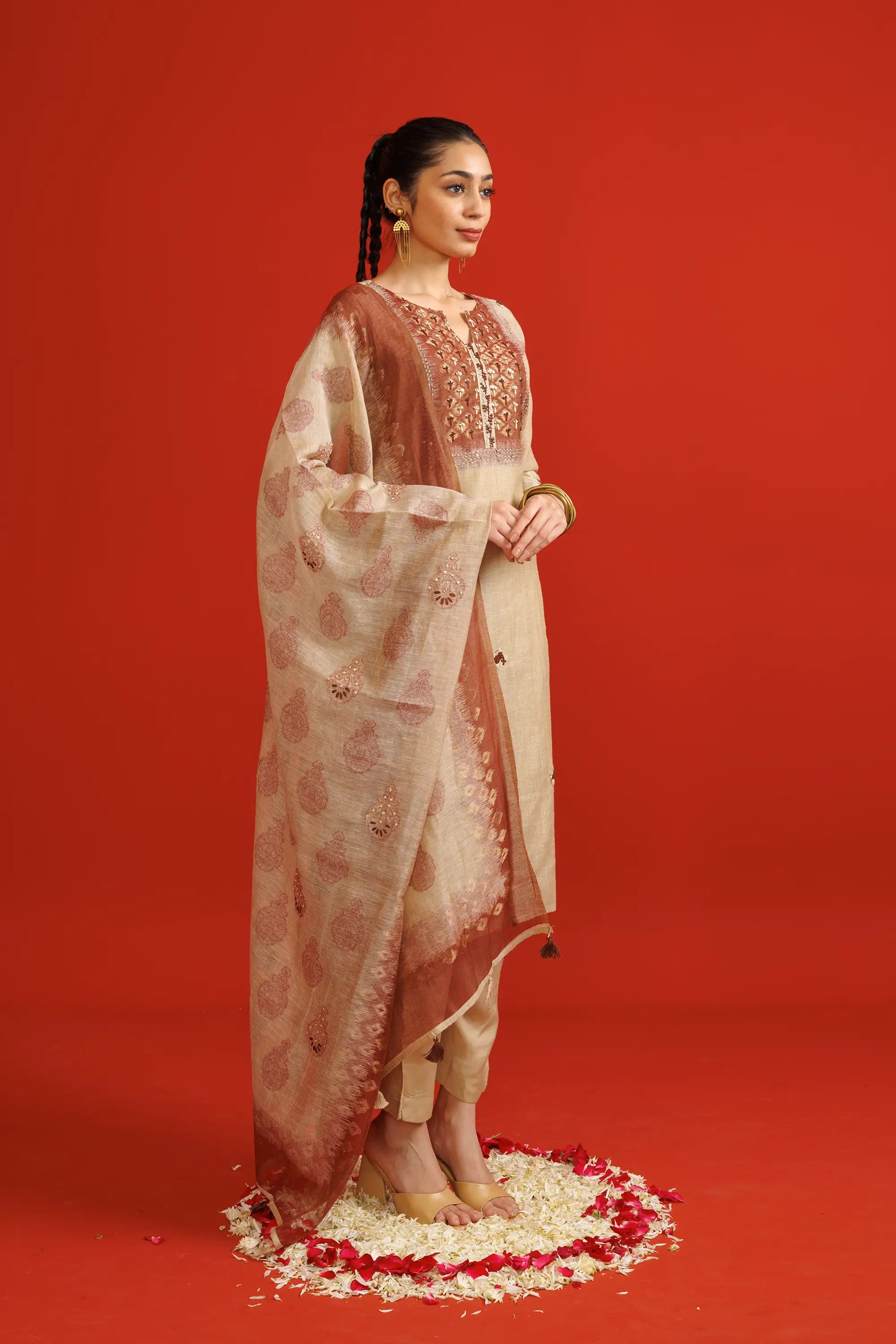 Beige Jamdani Weave Kurta Suit Set