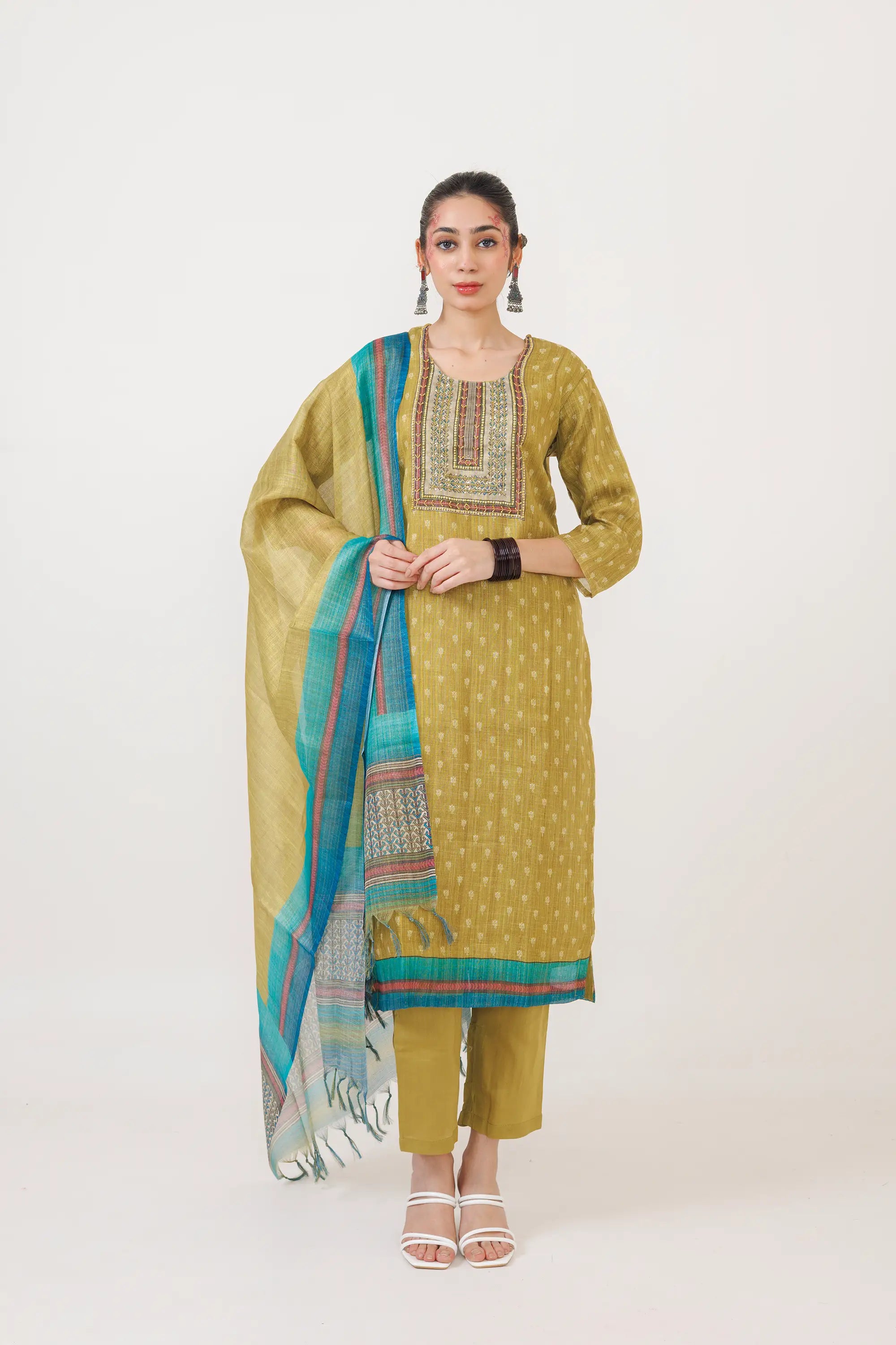 Khakhi Green Linen Tissue Kurta Suit Set