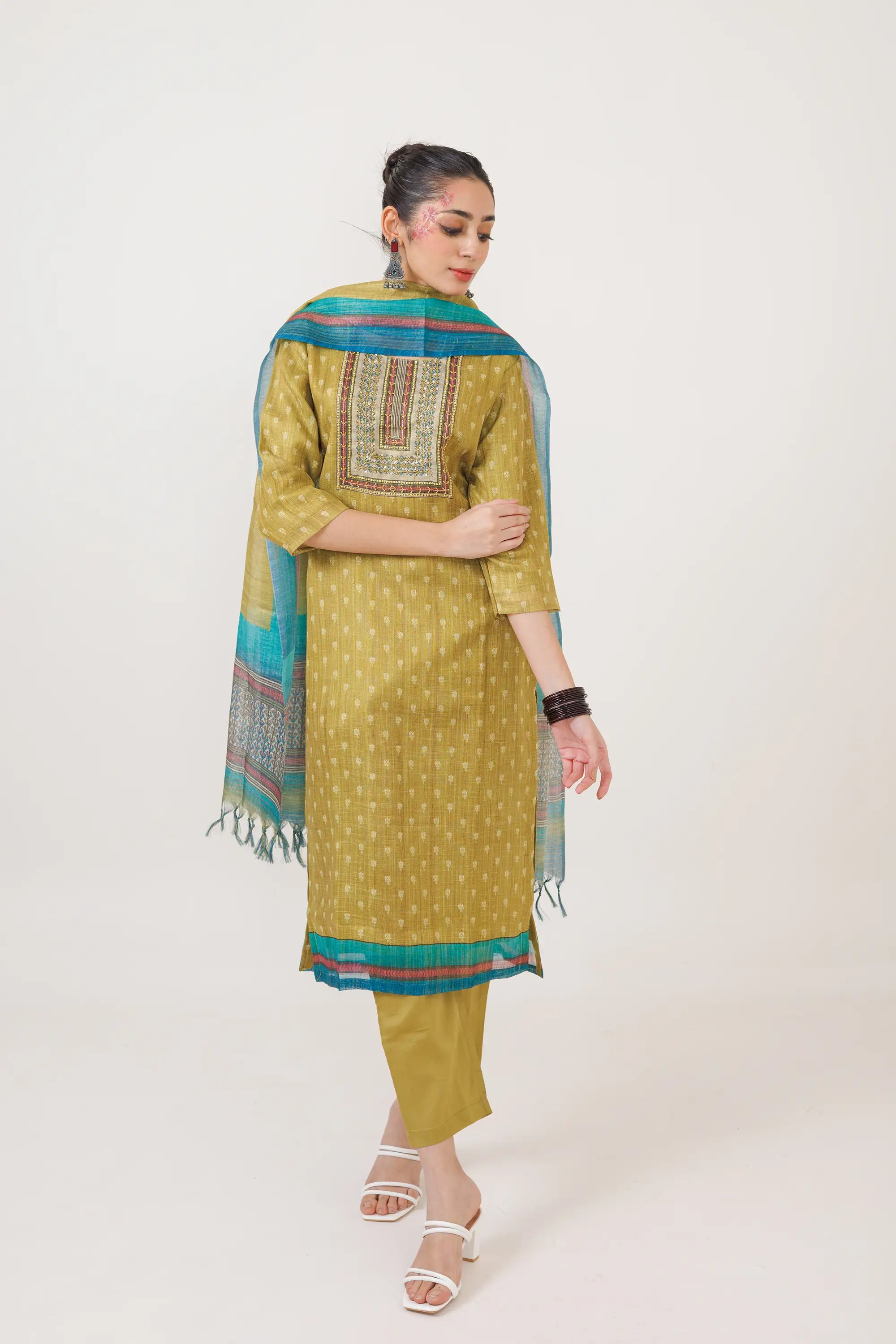 Khakhi Green Linen Tissue Kurta Suit Set