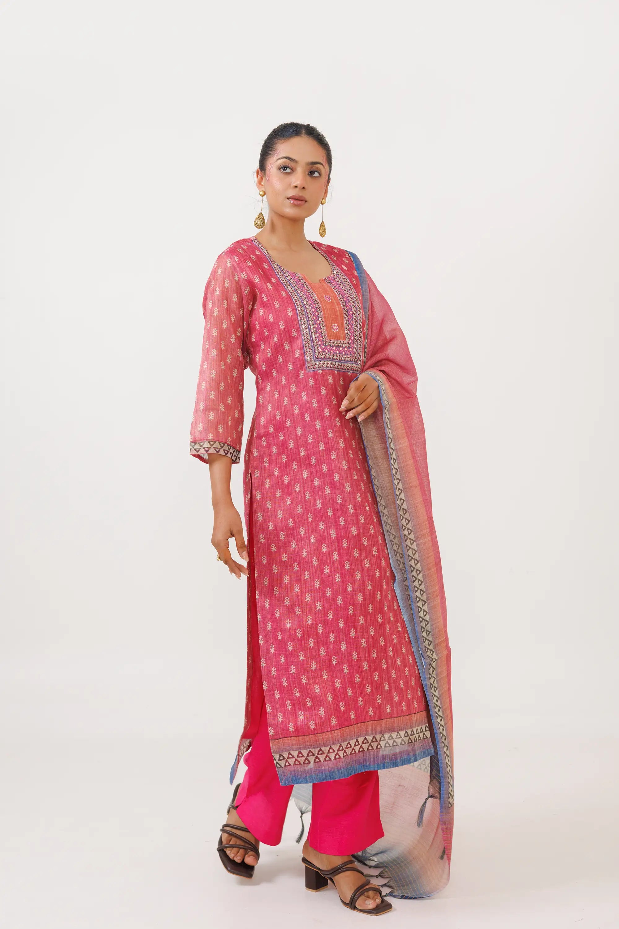 Deep Pink Linen Tissue Kurta Suit Set