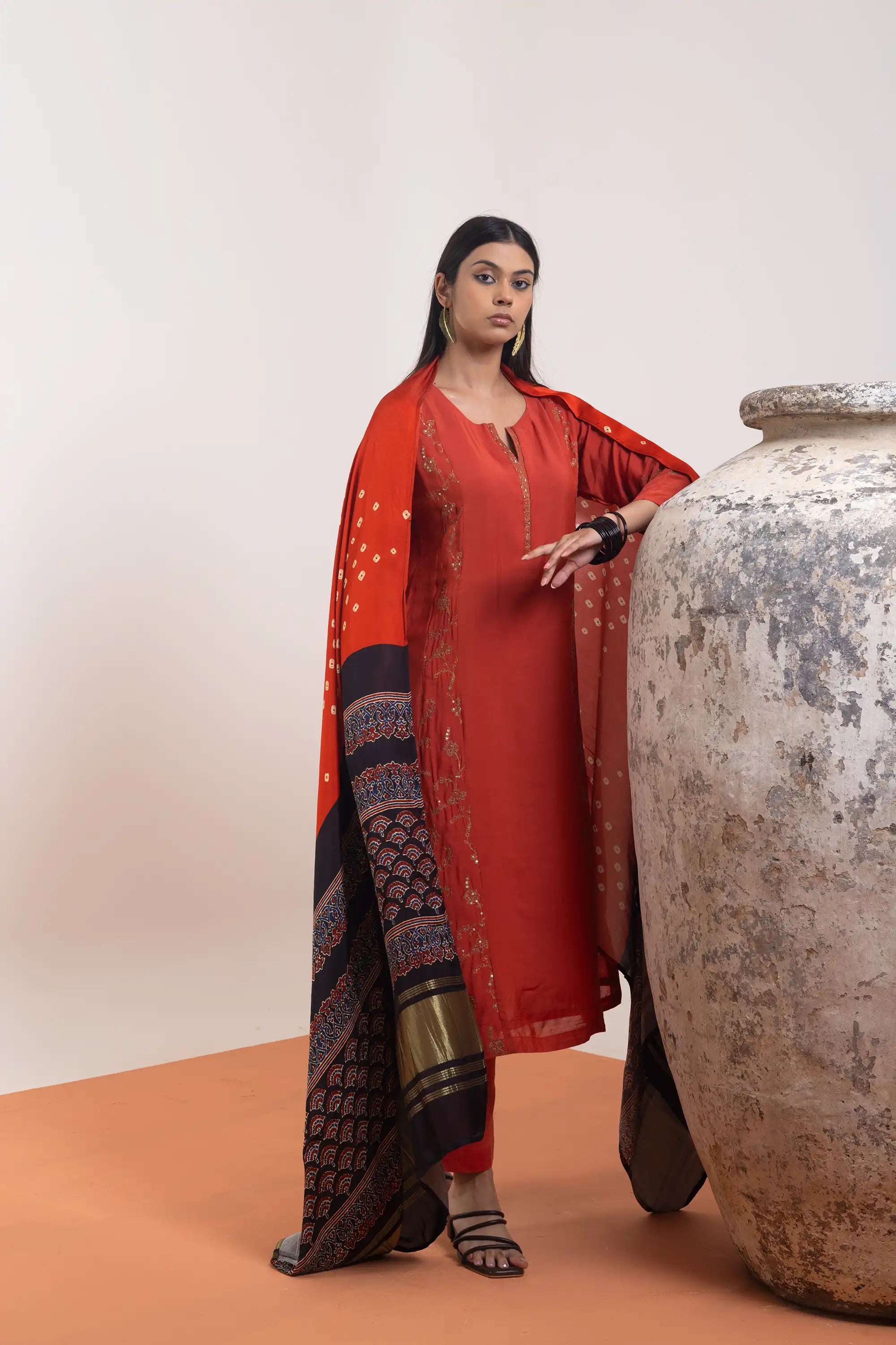 PAYAL Rust Silk Kurta Suit Set with Printed Silk Dupatta