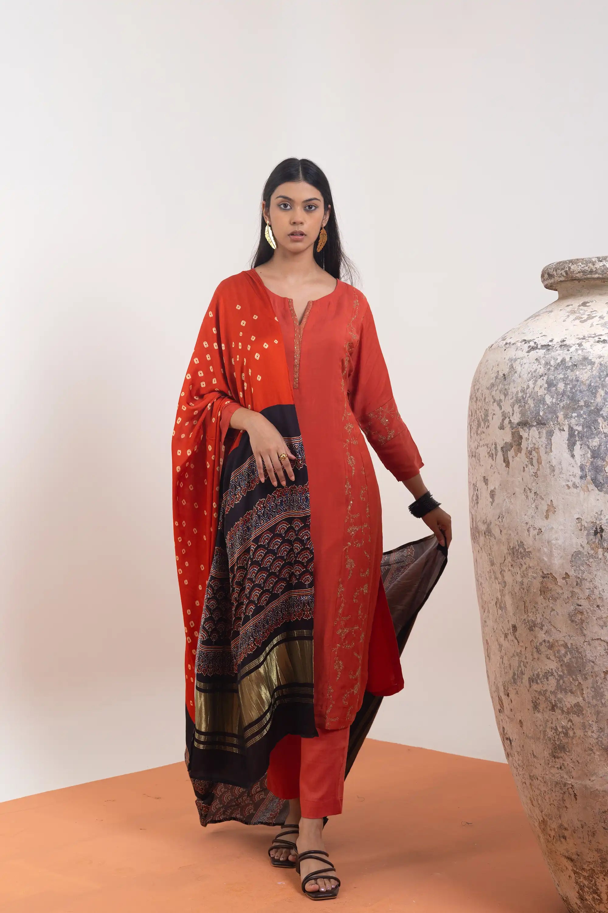 PAYAL Rust Silk Kurta Suit Set with Printed Silk Dupatta