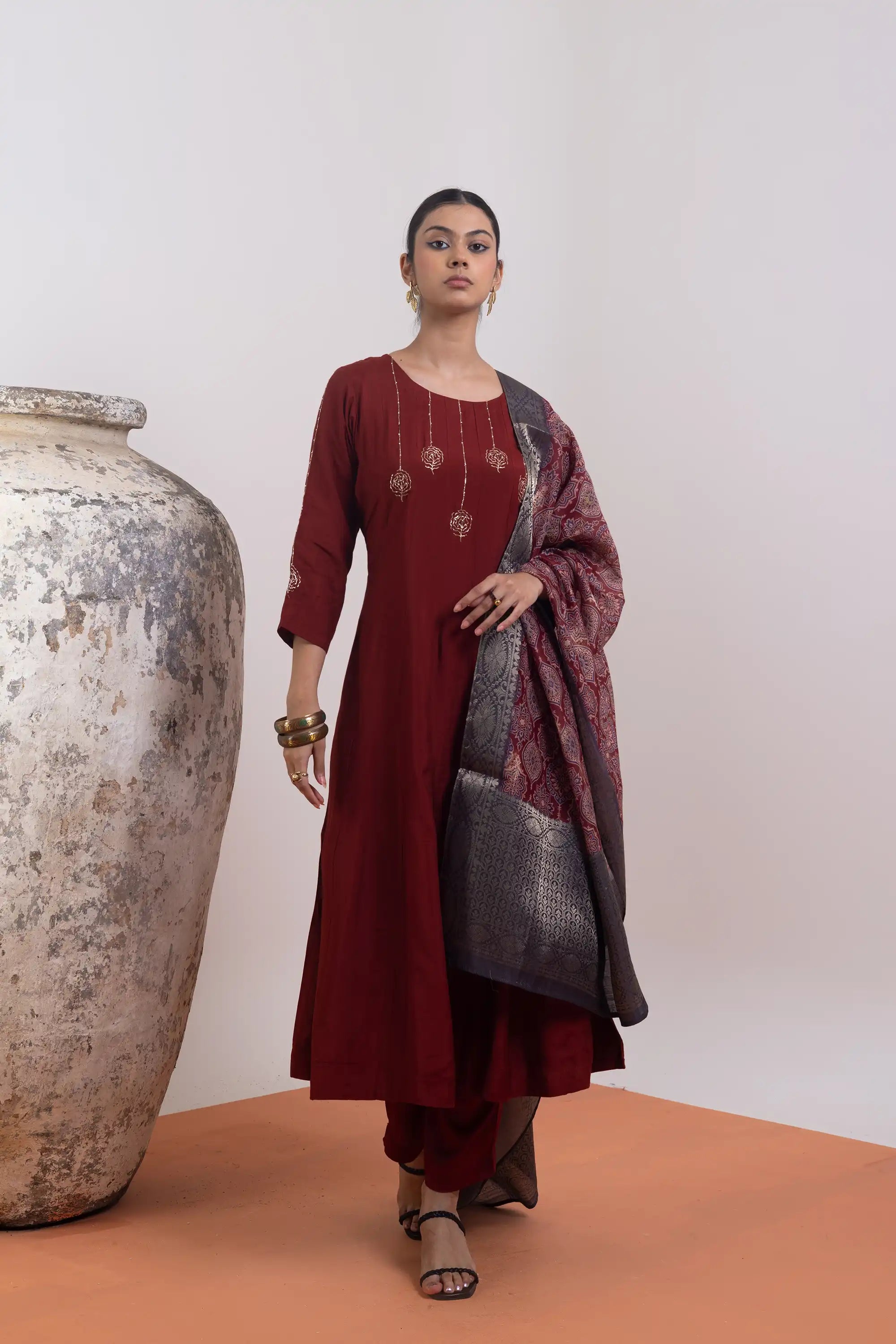 PAYAL Maroon Kalidar Suit Set with Printed Dupatta