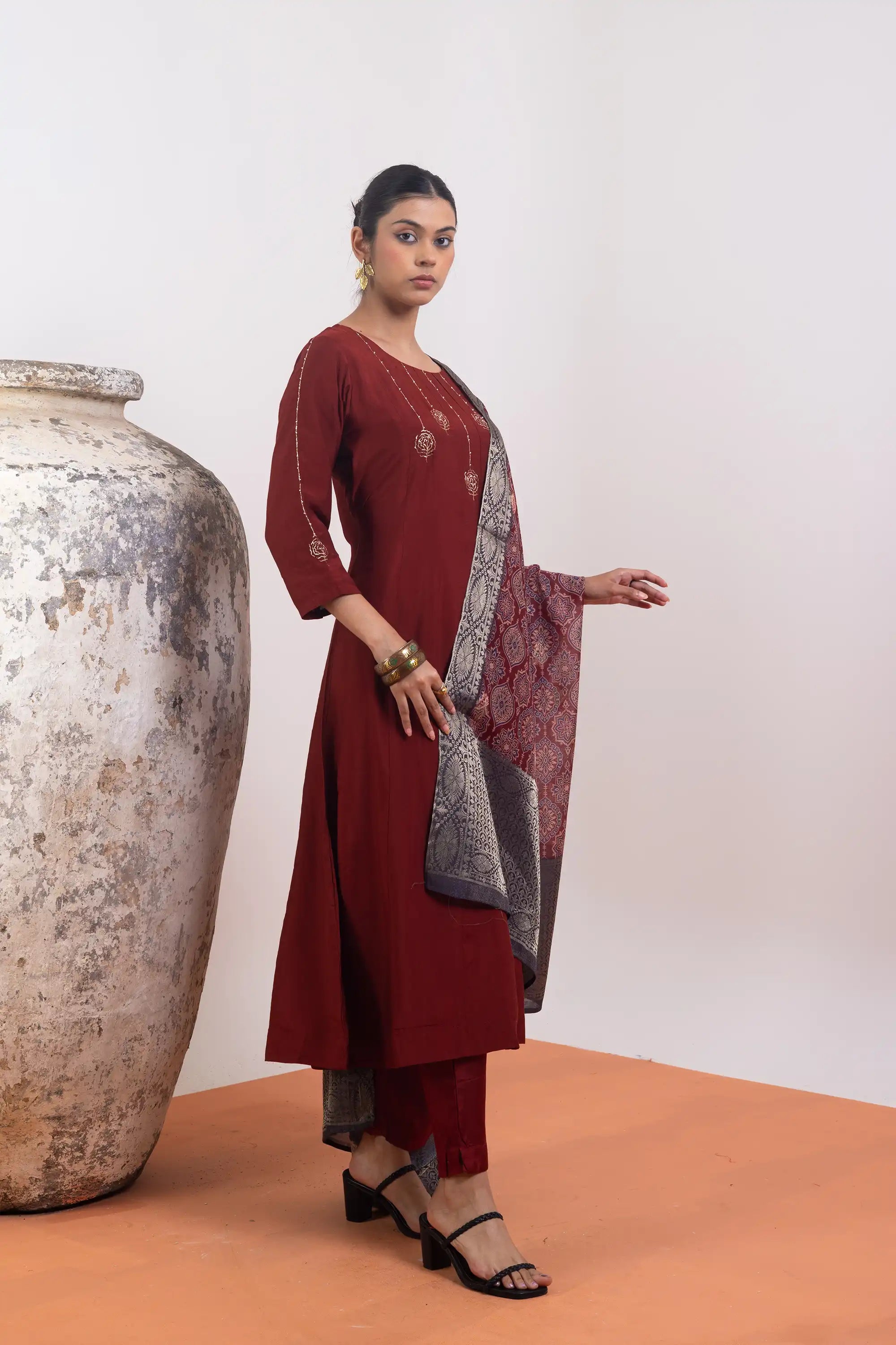 PAYAL Maroon Kalidar Suit Set with Printed Dupatta