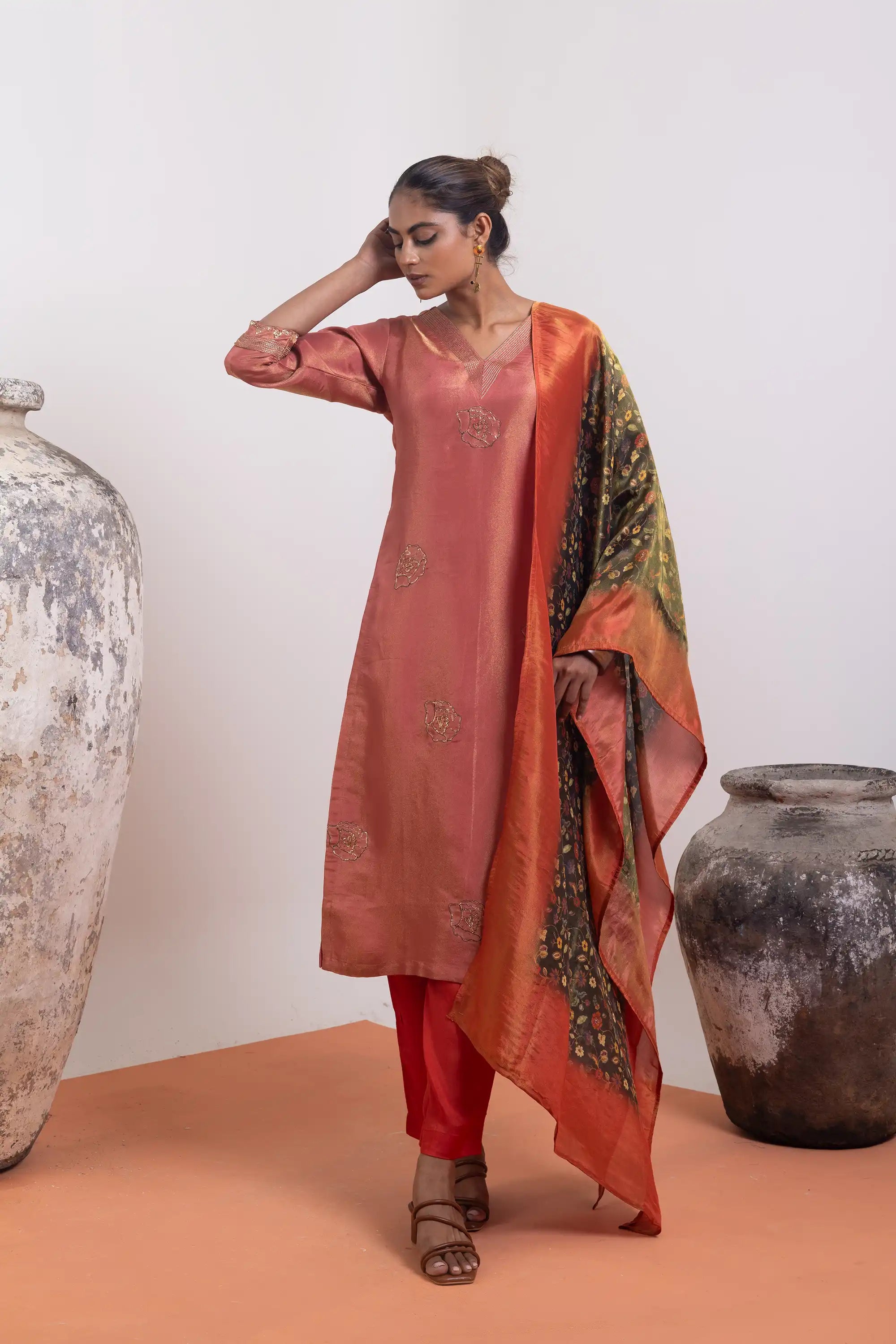 PAYAL Pine Orange Tissue Silk Kurta Suit Set with Elegant work Detailing