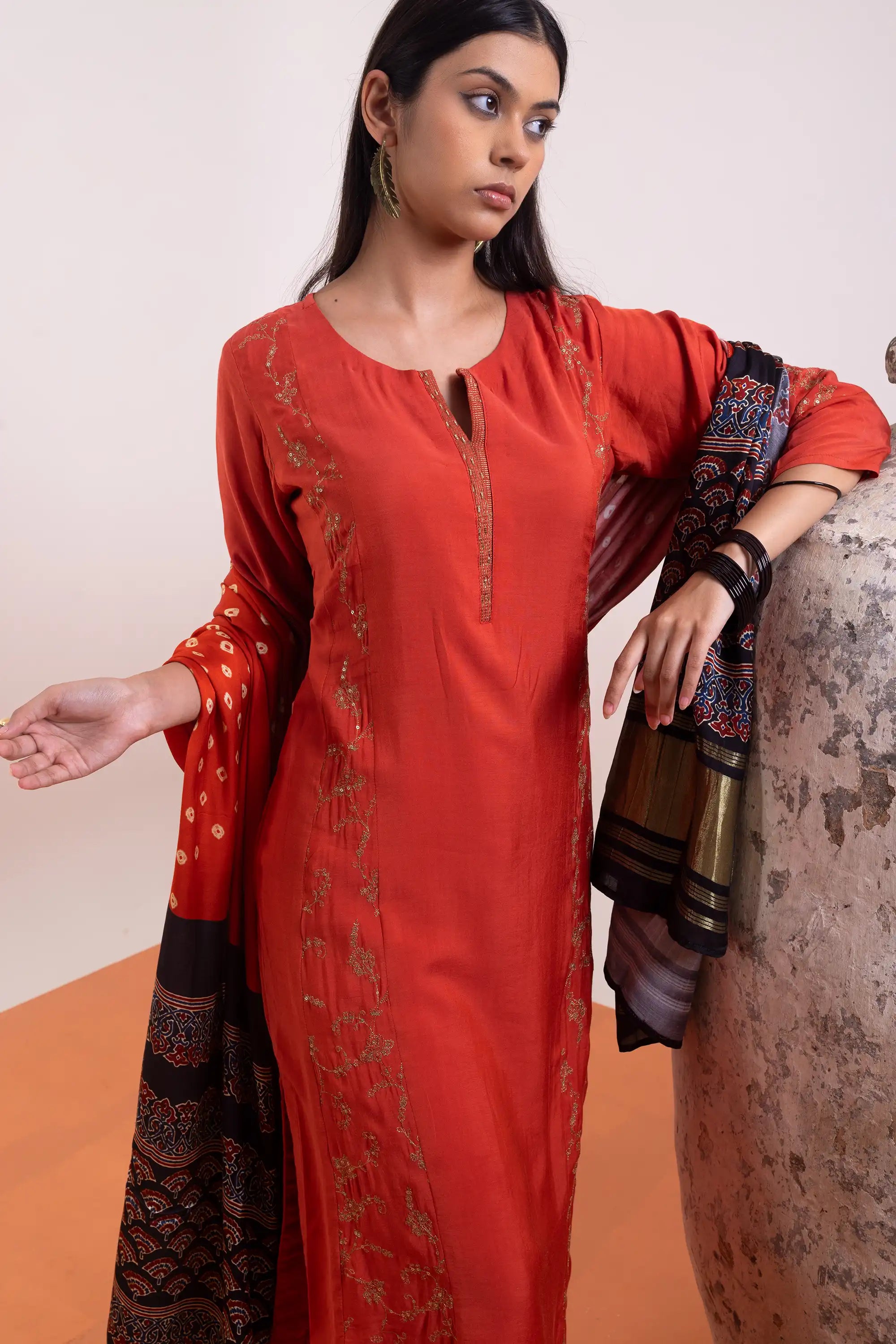 PAYAL Rust Silk Kurta Suit Set with Printed Silk Dupatta