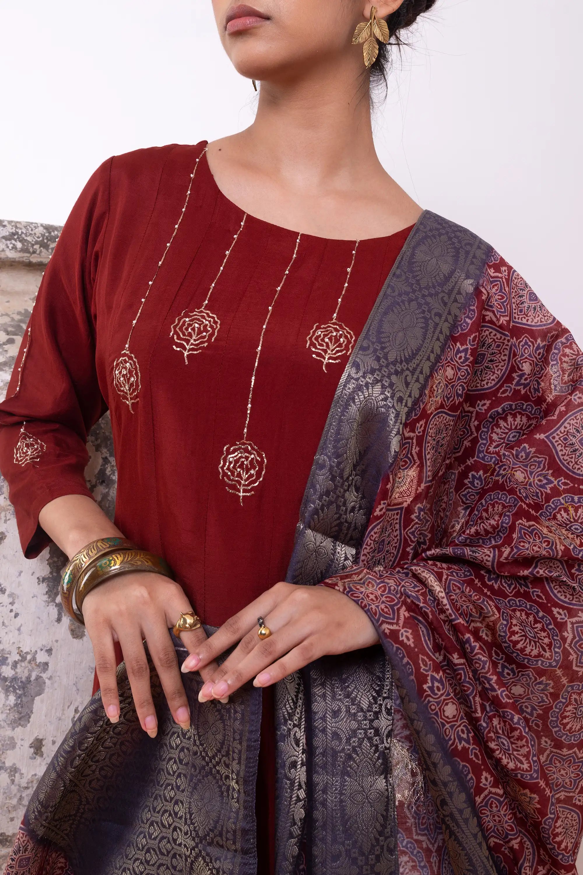 PAYAL Maroon Kalidar Suit Set with Printed Dupatta