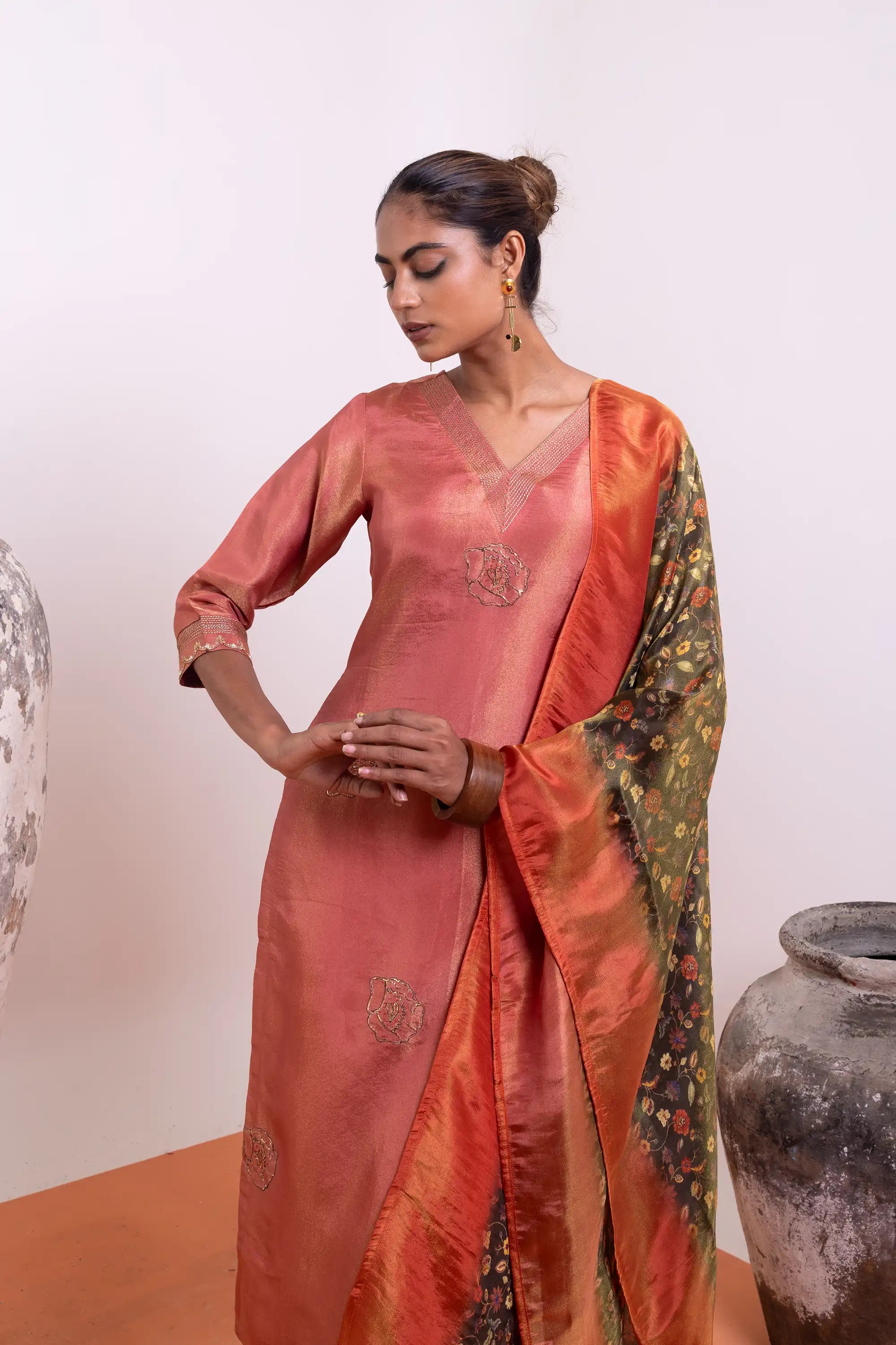 PAYAL Pine Orange Tissue Silk Kurta Suit Set with Elegant work Detailing