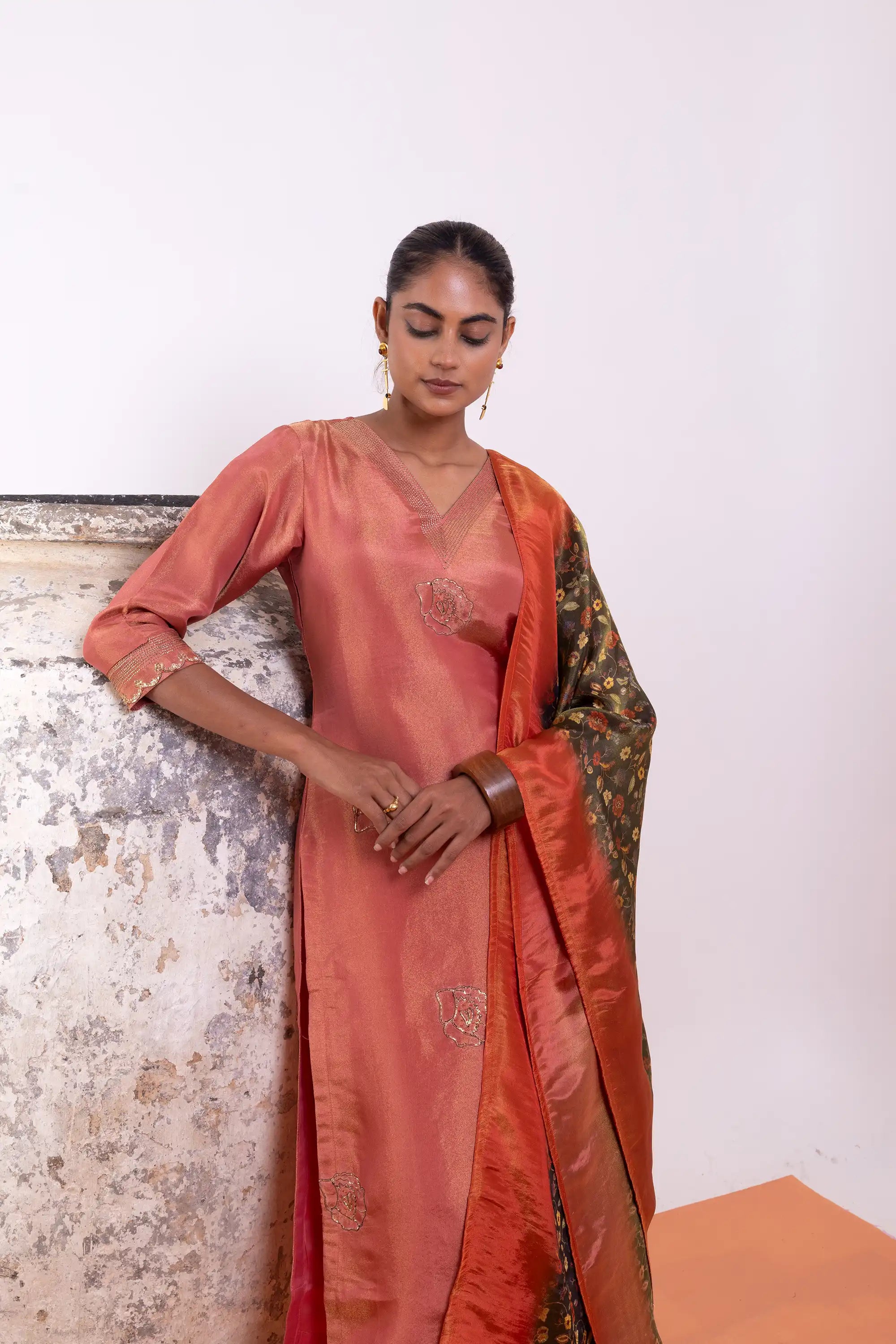 PAYAL Pine Orange Tissue Silk Kurta Suit Set with Elegant work Detailing