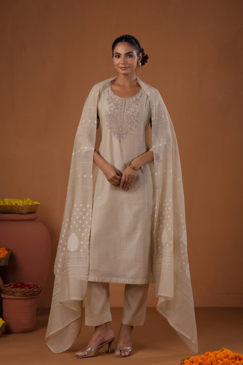 PAYAL Beige Cream Festive Kurta Suit Set With Jamdani Weave - Payal