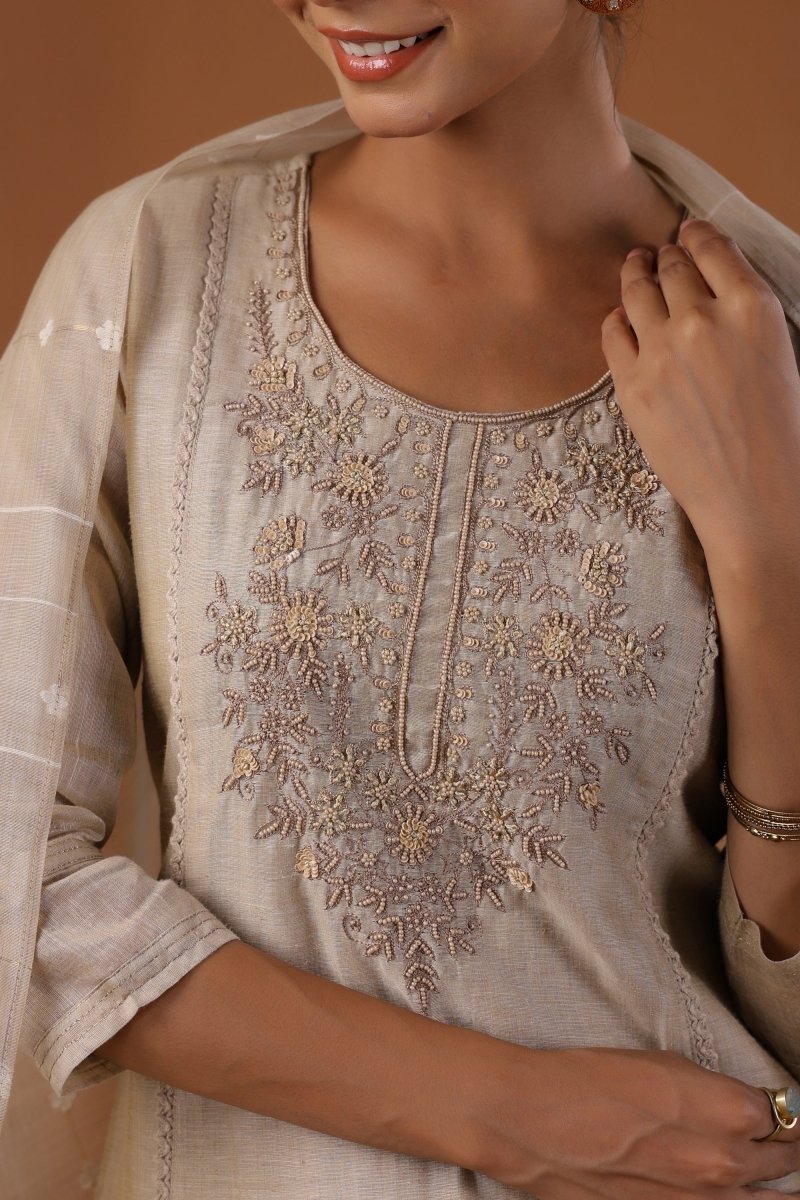 PAYAL Beige Cream Festive Kurta Suit Set With Jamdani Weave - Payal