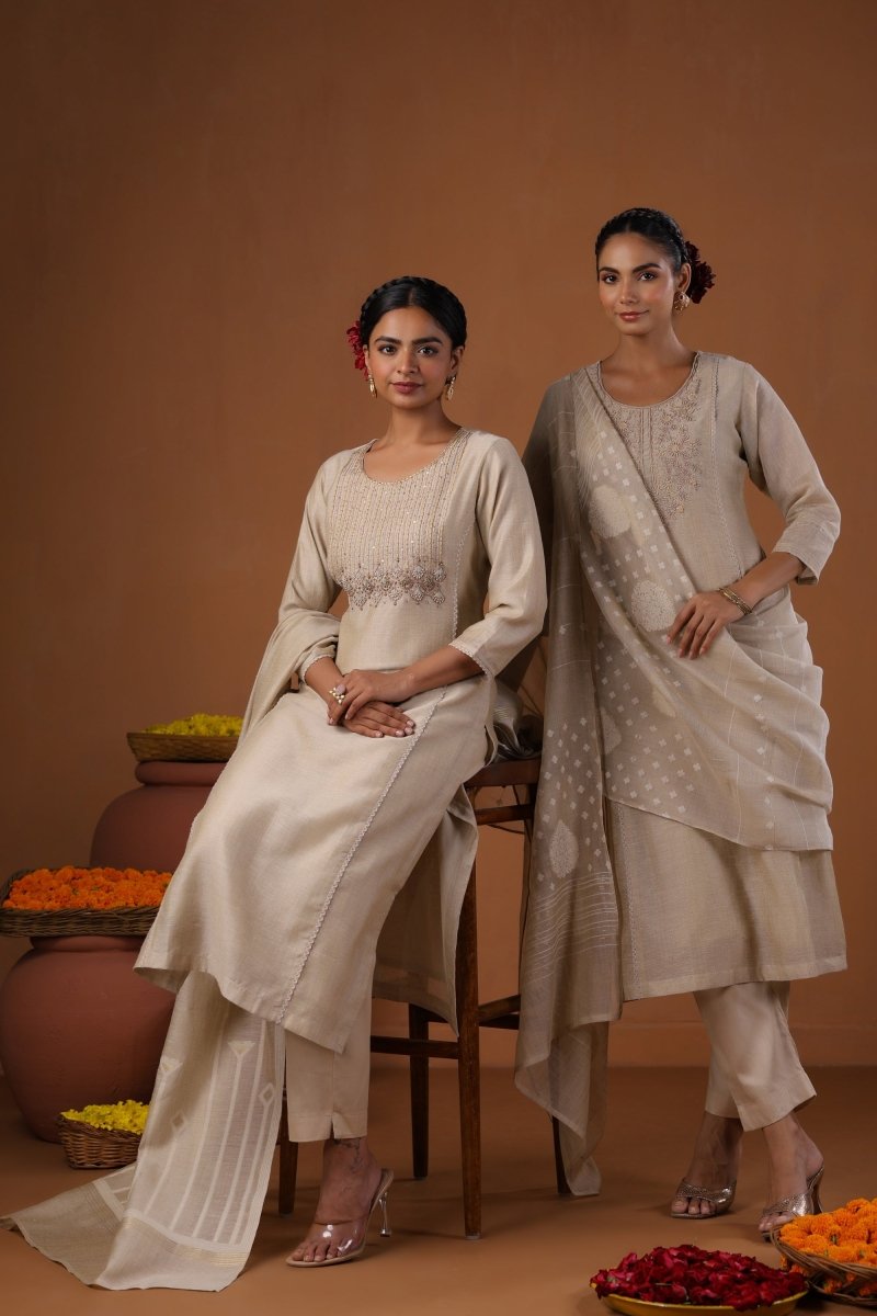 PAYAL Beige Cream Festive Kurta Suit Set With Jamdani Weave - Payal