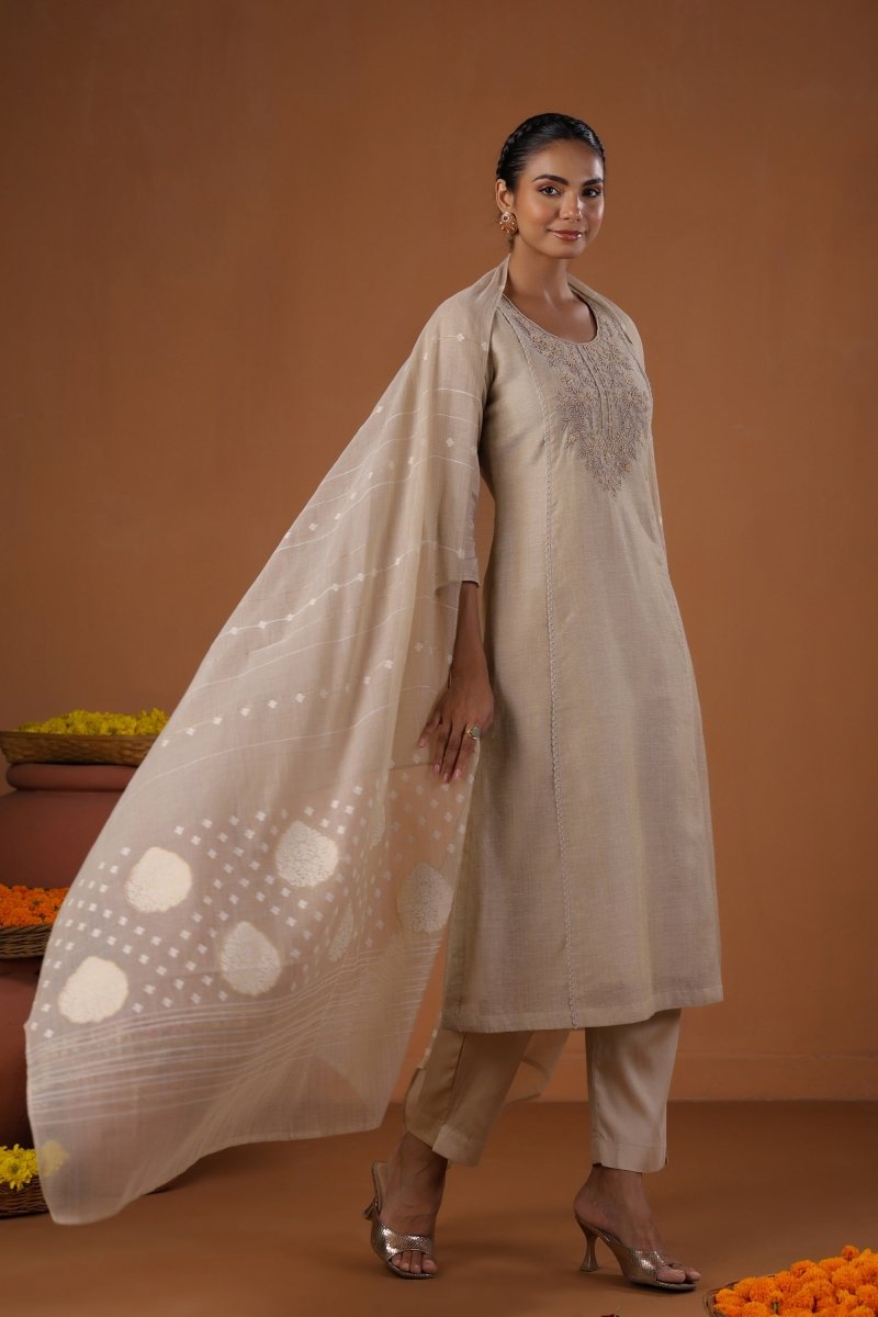 PAYAL Beige Cream Festive Kurta Suit Set With Jamdani Weave - Payal