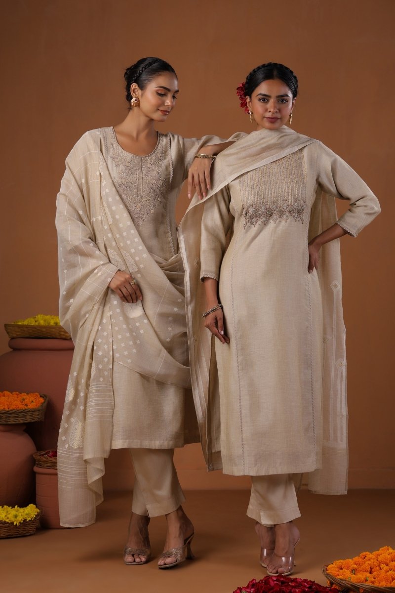 PAYAL Beige Cream Festive Kurta Suit Set With Jamdani Weave - Payal