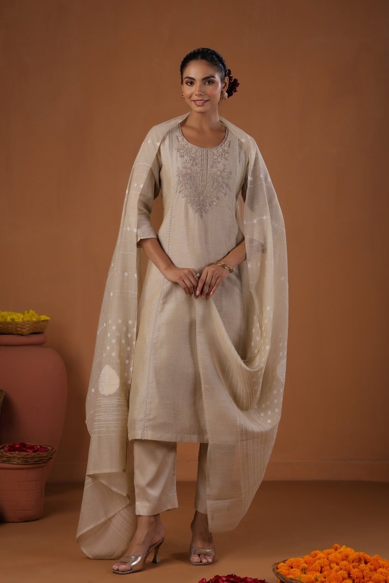 PAYAL Beige Cream Festive Kurta Suit Set With Jamdani Weave - Payal