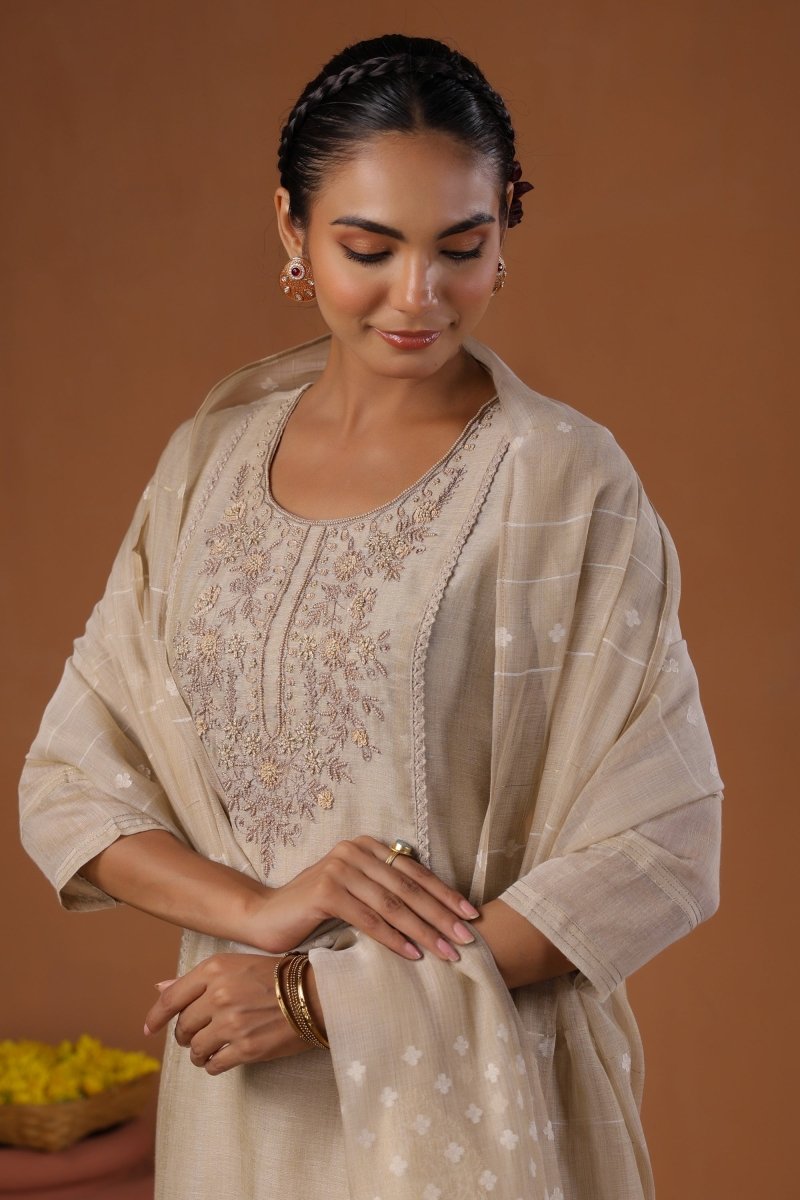 PAYAL Beige Cream Festive Kurta Suit Set With Jamdani Weave - Payal