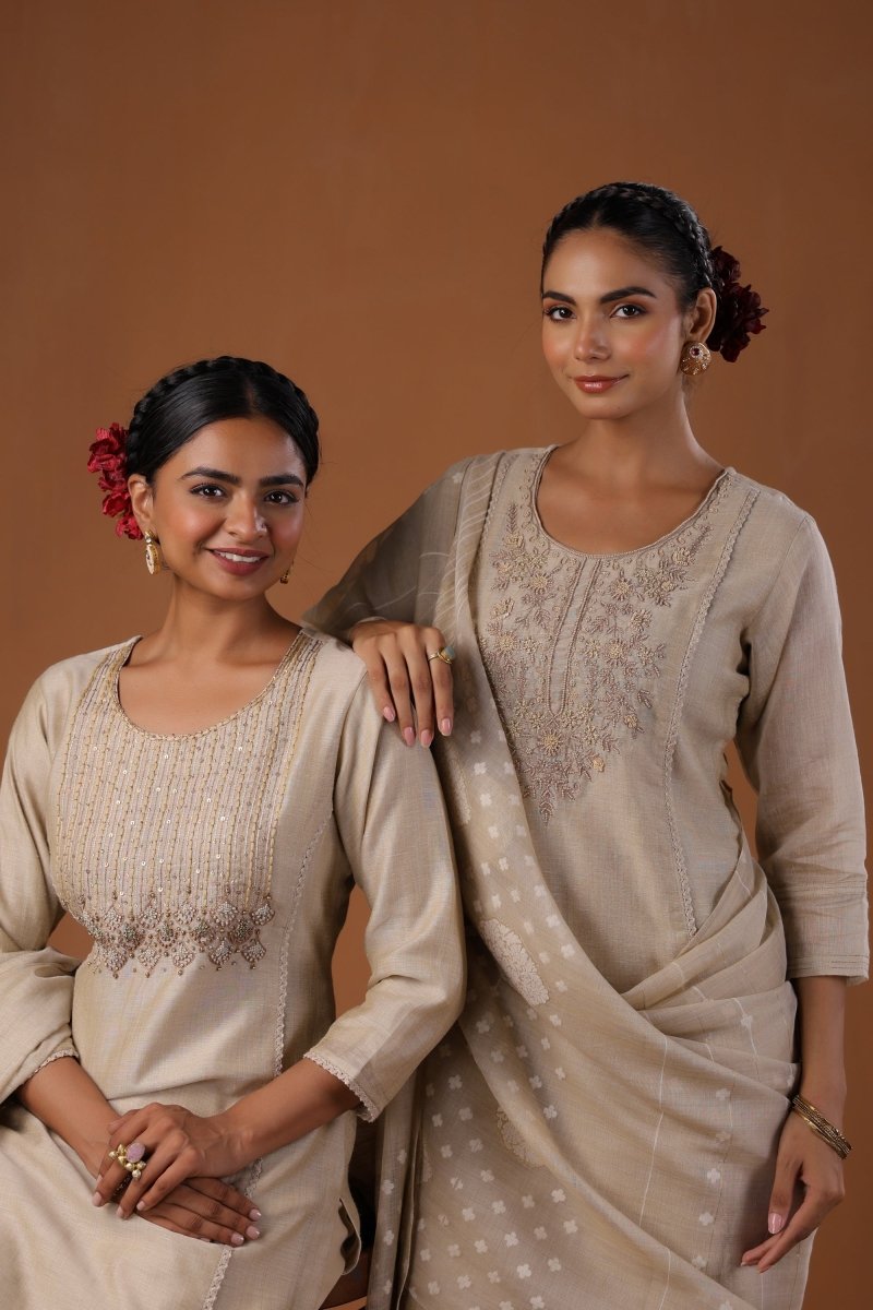 PAYAL Beige Cream Festive Kurta Suit Set With Jamdani Weave - Payal