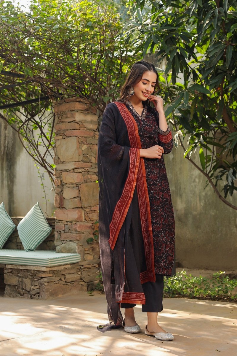 PAYAL Black Kota Chex Kurta Suit Set with Khat Detailing - Payal