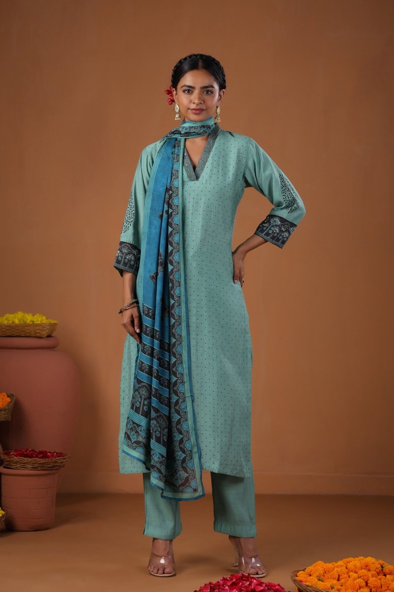 PAYAL Blue Kurta Suit Set with Block Print Design - Payal