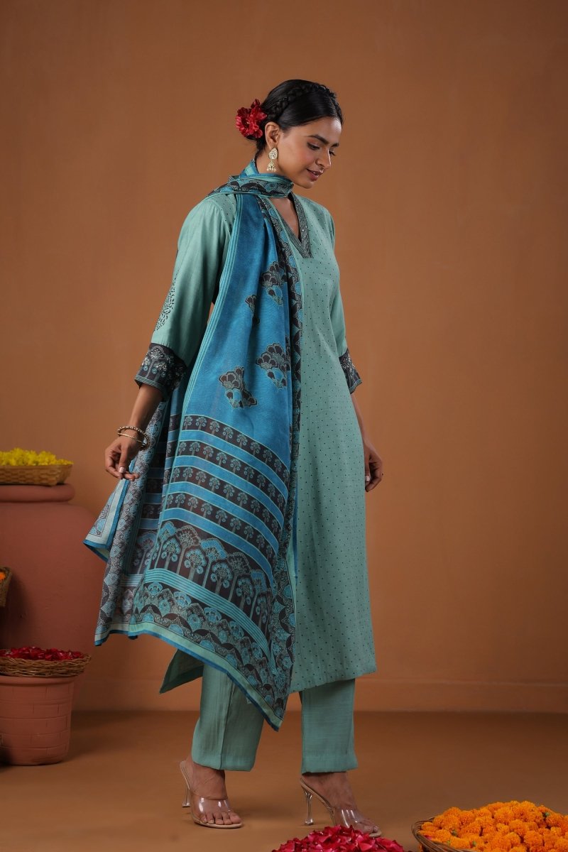 PAYAL Blue Kurta Suit Set with Block Print Design - Payal