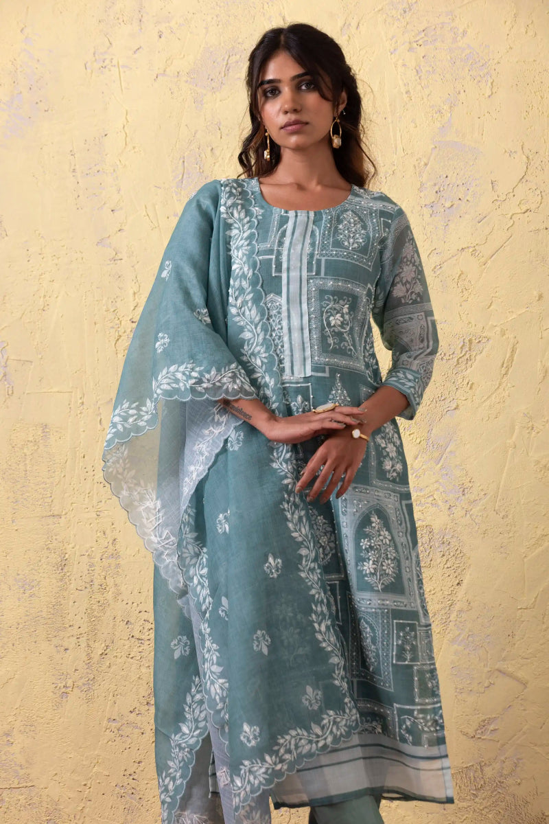 PAYAL Blue Kurta Suit Set with detailed Print and Hand Embroidery Design - Payal