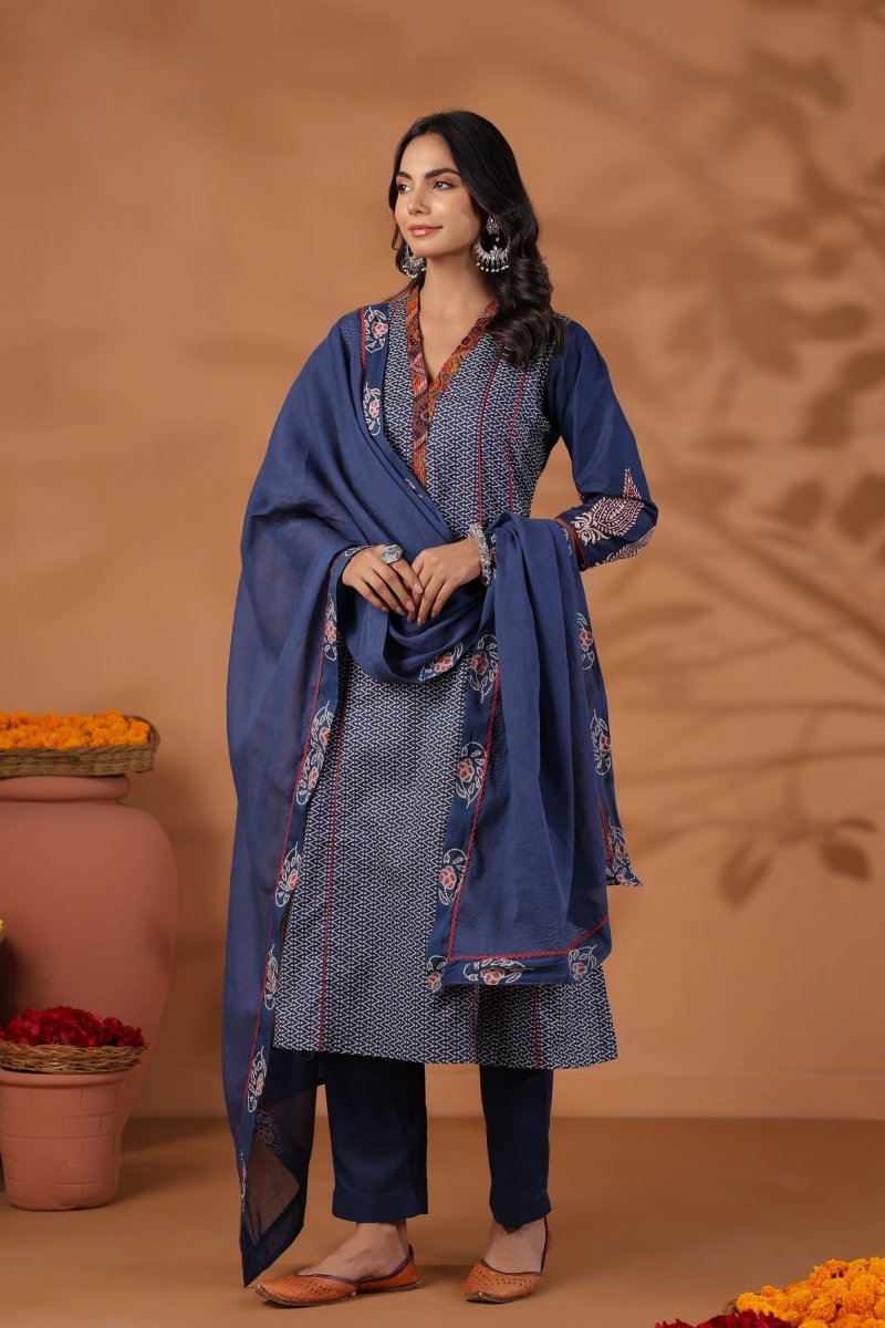 PAYAL Blue Kurta Suit with Printed Sleeve Design - Payal