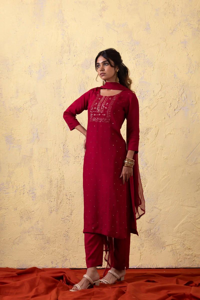 PAYAL Carmine Red Kurta Suit Set with Khat Work Detailing - Payal