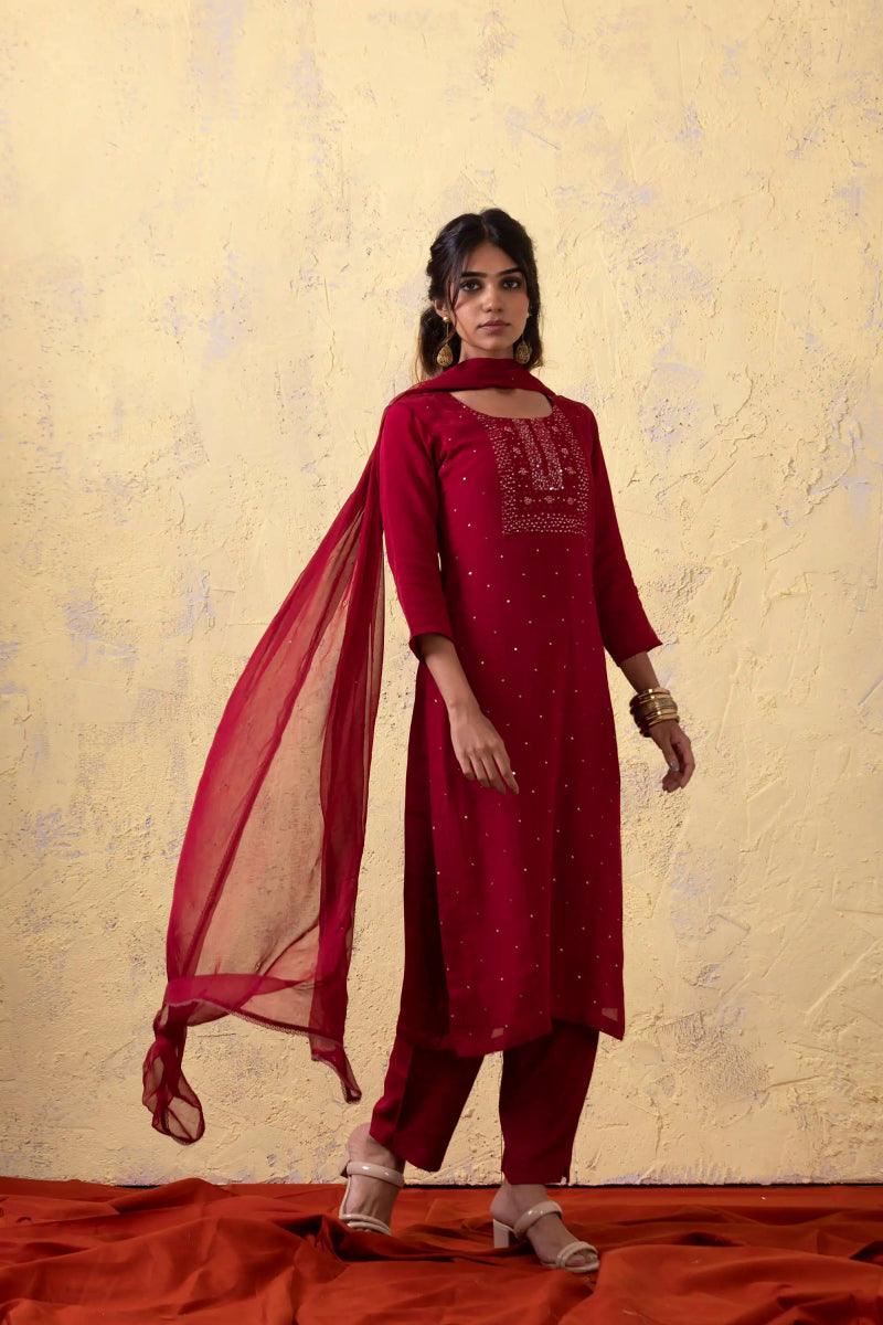 PAYAL Carmine Red Kurta Suit Set with Khat Work Detailing - Payal