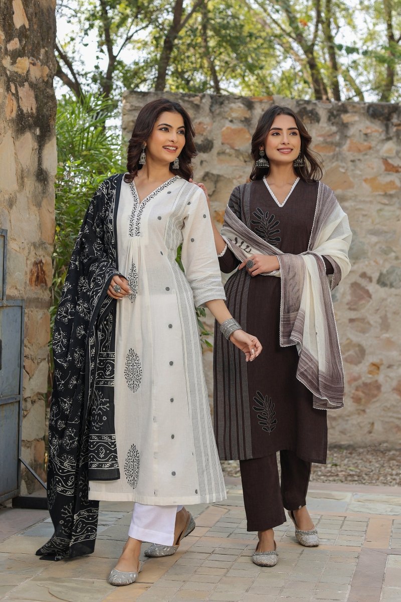 PAYAL Casual Coffee Kurta Suit Set with Block Print Detailing - Payal