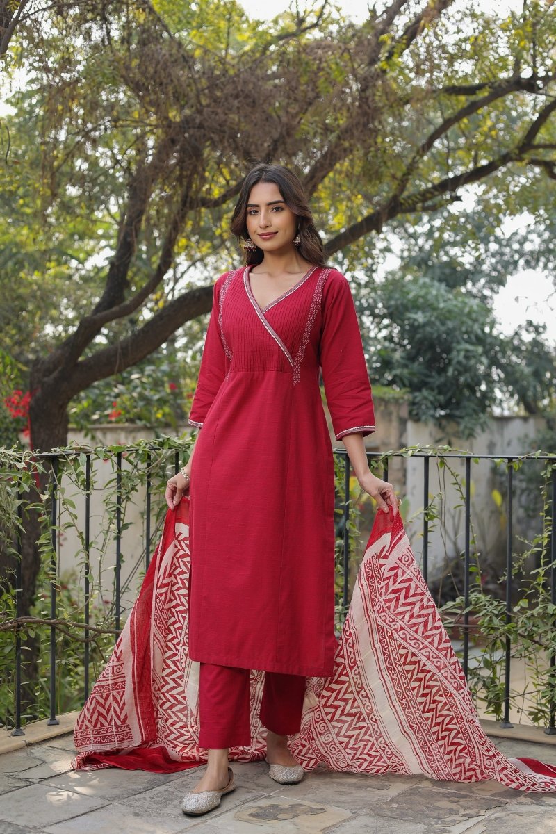 PAYAL Casual Red Kurta Suit Set in Angrakha Design - Payal