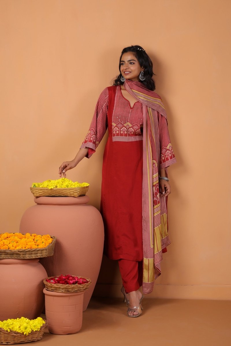 PAYAL Cherry Red Kurta Suit Set with Amazing Print Design - Payal