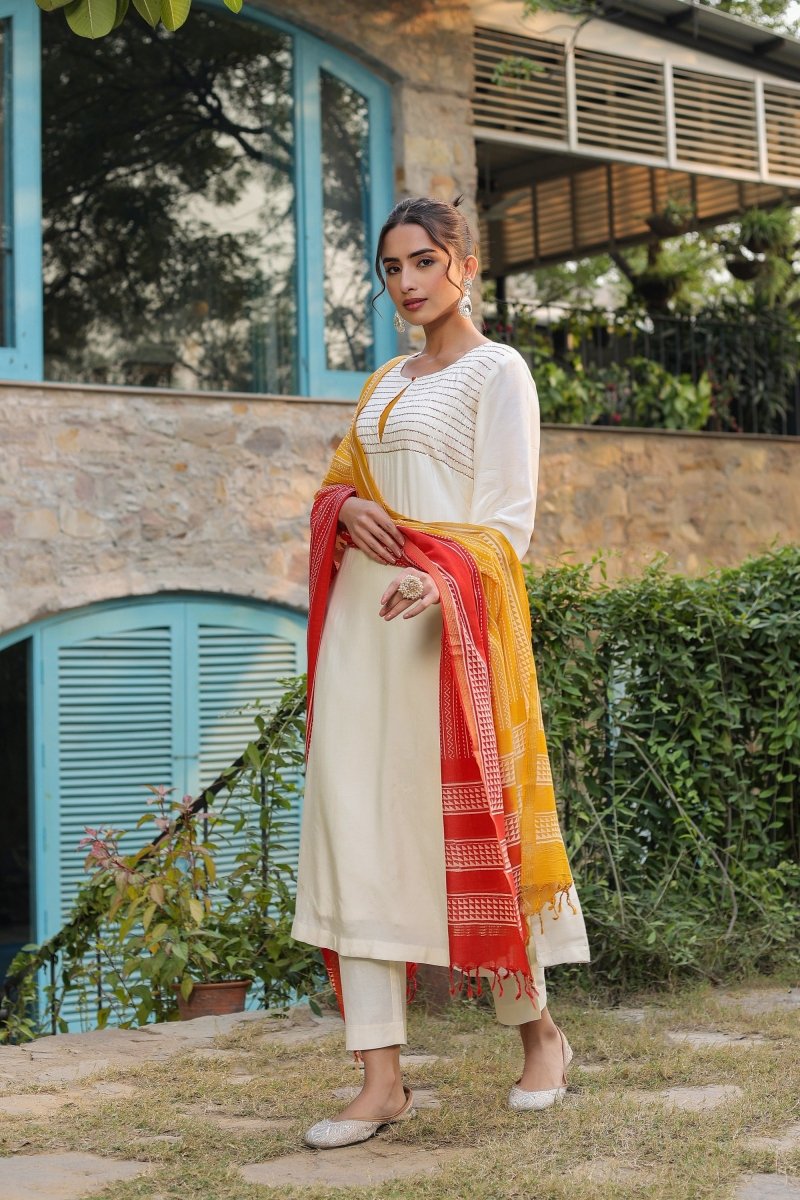 PAYAL Cream White Kurta Suit Set with Intricate Khat Embroidery - Payal
