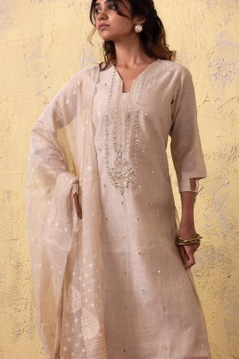 PAYAL Festive Beige Kurta Suit Set with Intricate Embroidery Work - Payal