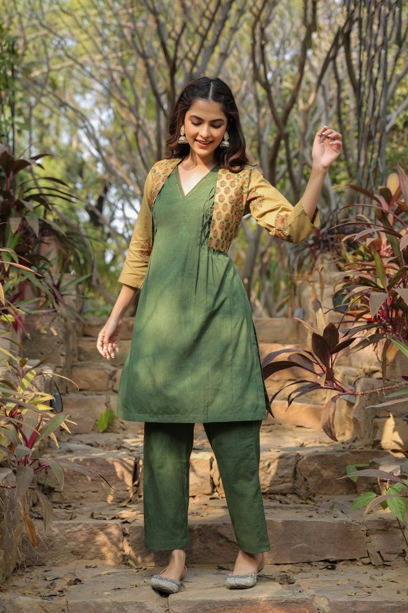 PAYAL Forest Green Kurta Suit Set with Amazing Printed Jacket - Payal