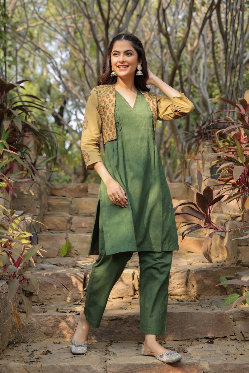 PAYAL Forest Green Kurta Suit Set with Amazing Printed Jacket - Payal