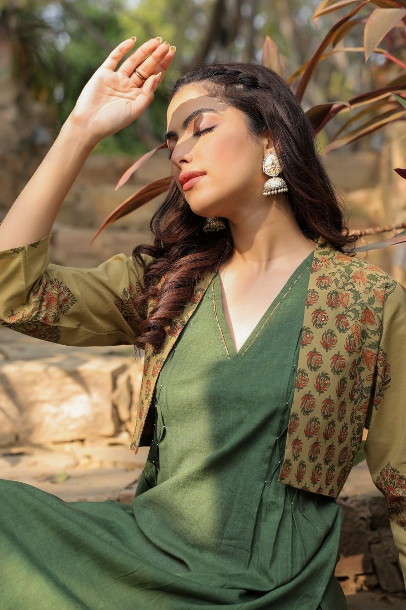 PAYAL Forest Green Kurta Suit Set with Amazing Printed Jacket - Payal