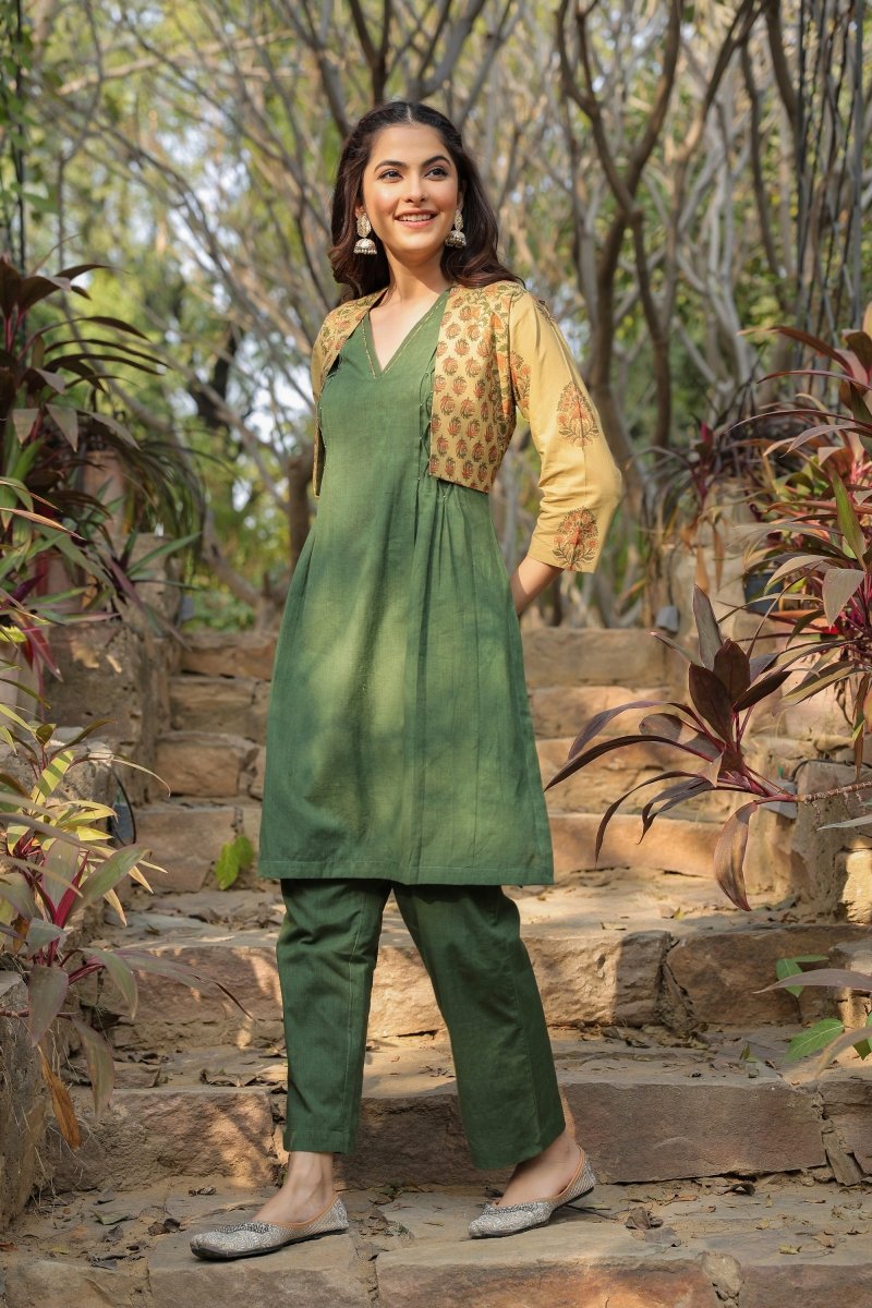 PAYAL Forest Green Kurta Suit Set with Amazing Printed Jacket - Payal
