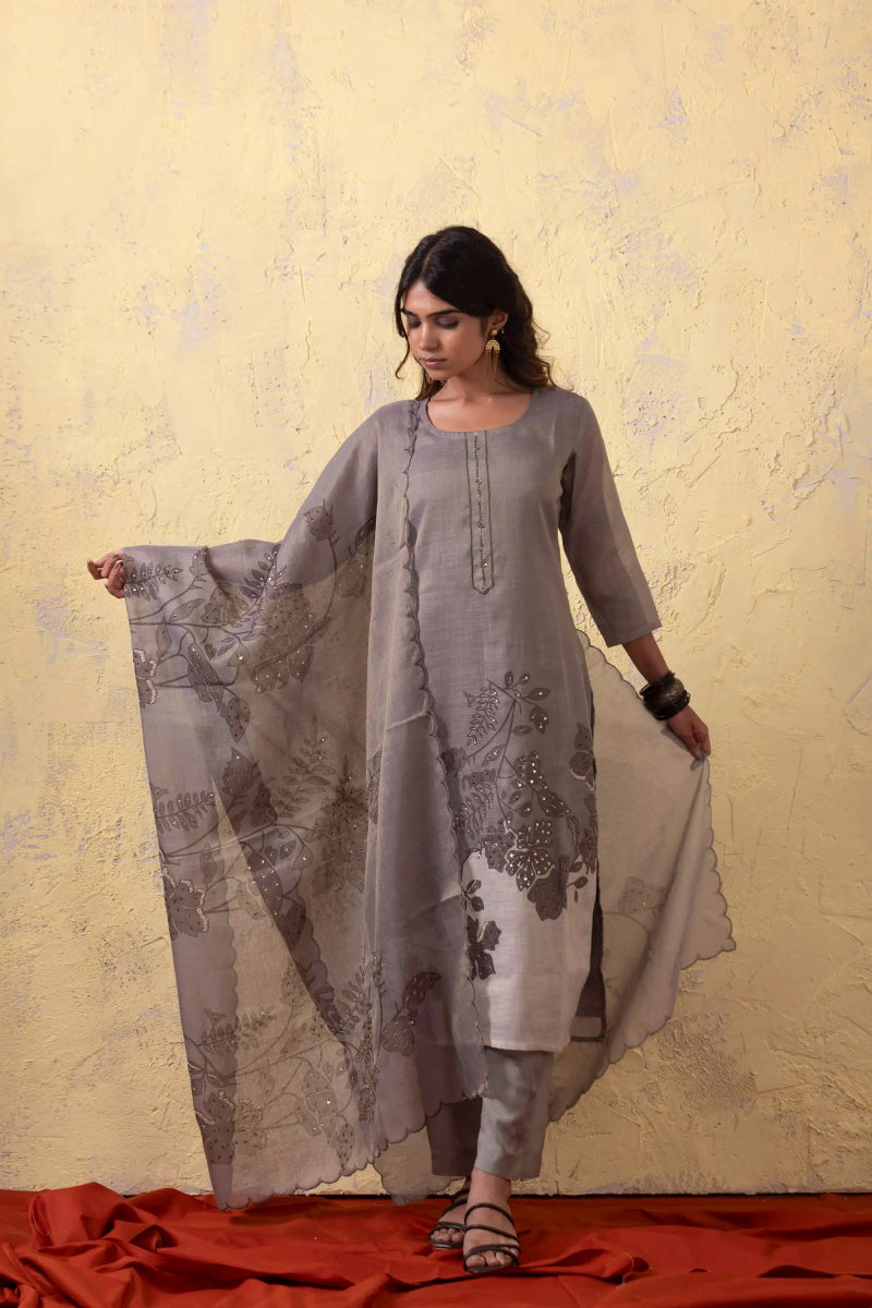 PAYAL Grey Kurta Suit Set with intricate Hand Embroidery - Payal