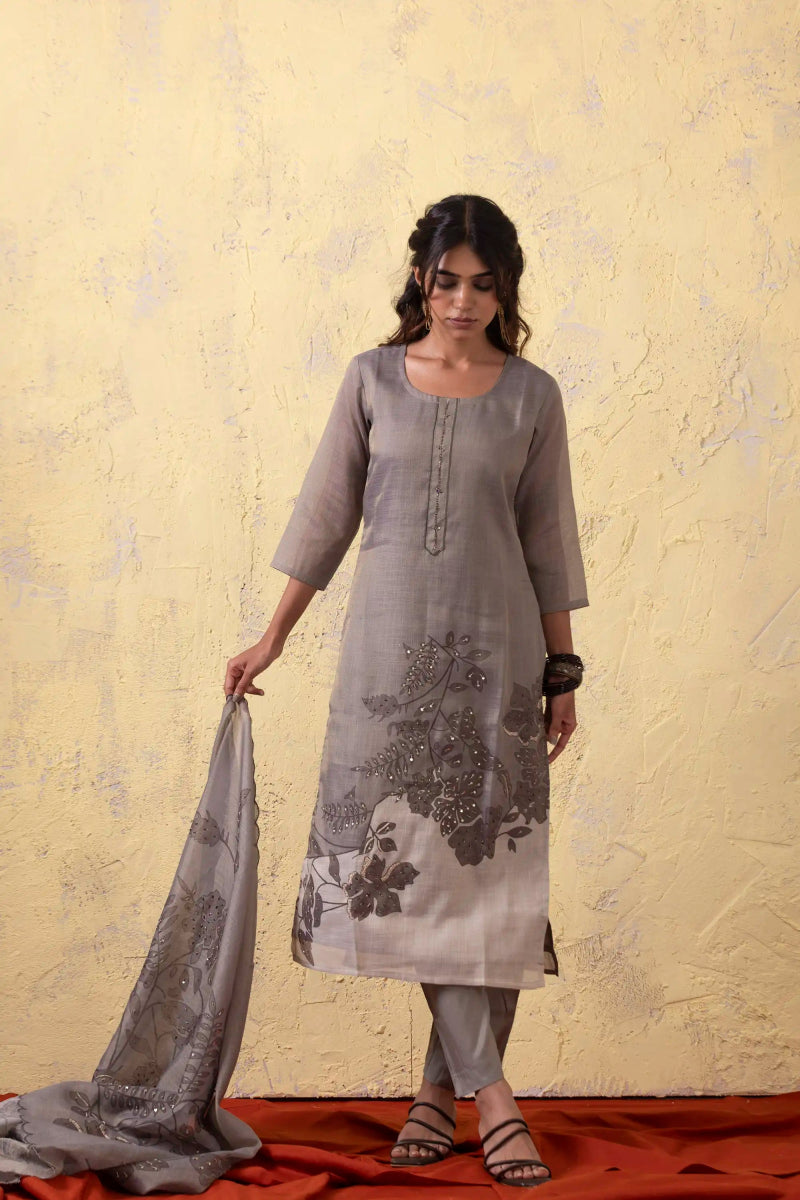 PAYAL Grey Kurta Suit Set with intricate Hand Embroidery - Payal