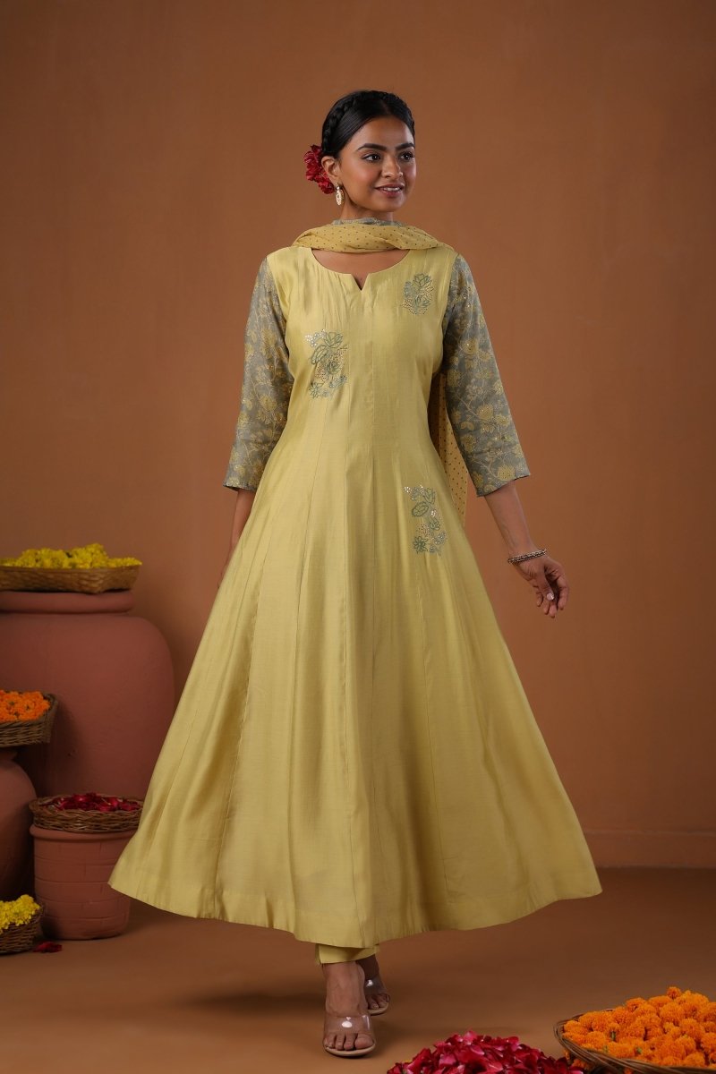 PAYAL Laguna Yellow Kalidar Suit Set with Mukaish Embroidery Design - Payal