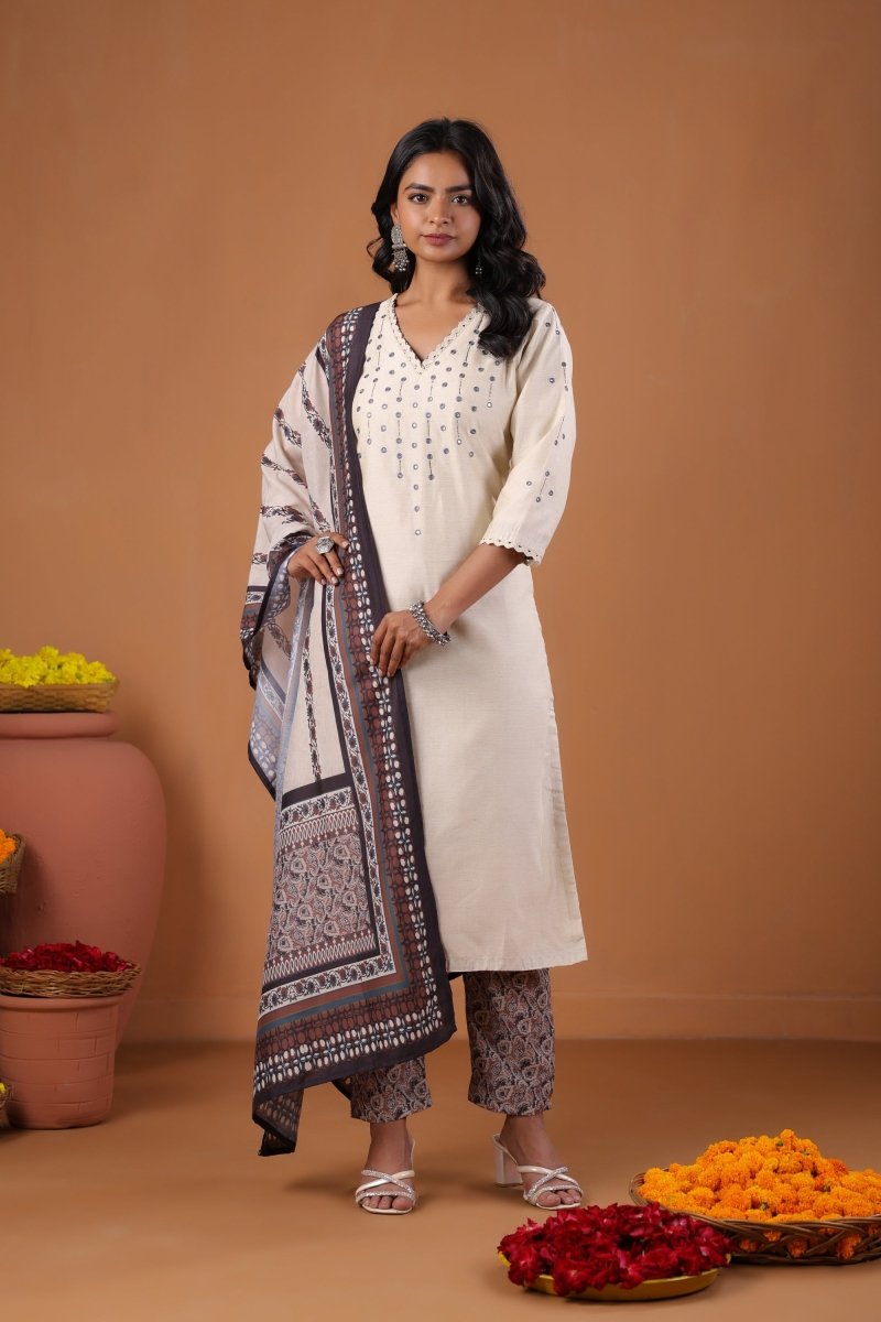 PAYAL Light Cream Kurta Suit Set with Khat Embroidery Detailing - Payal