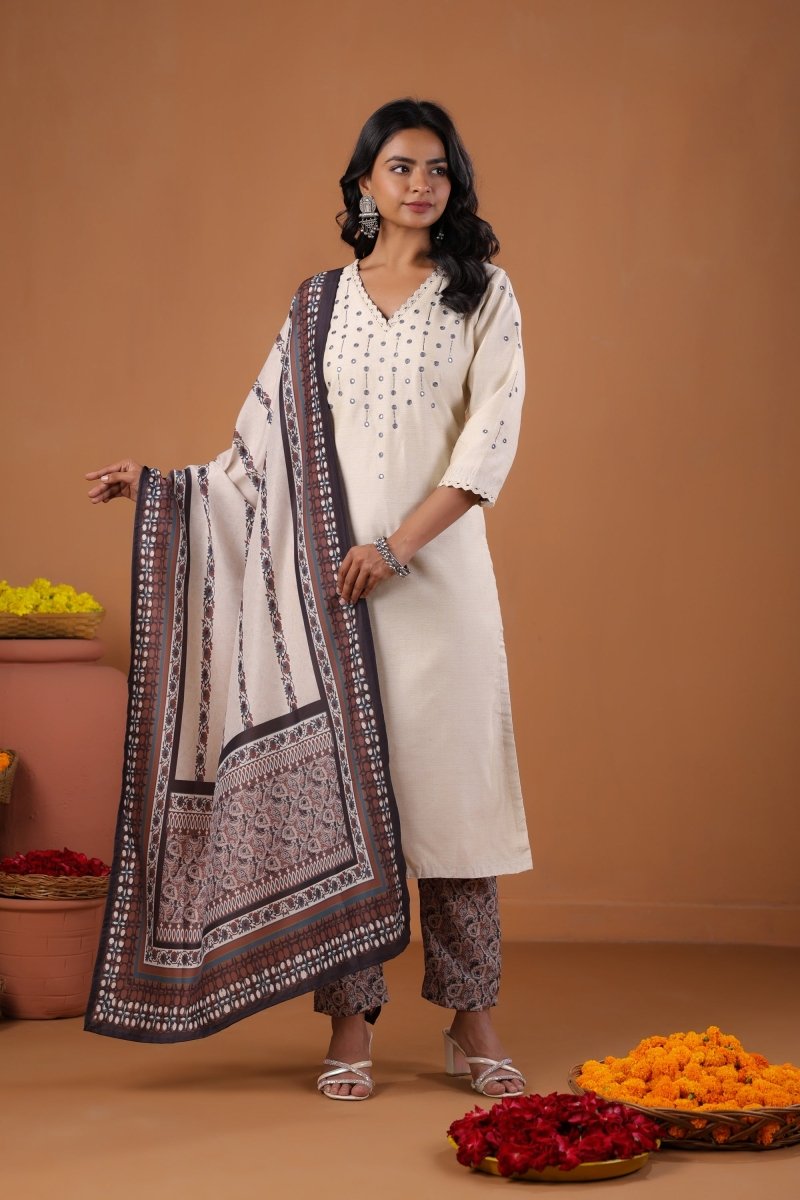 PAYAL Light Cream Kurta Suit Set with Khat Embroidery Detailing - Payal