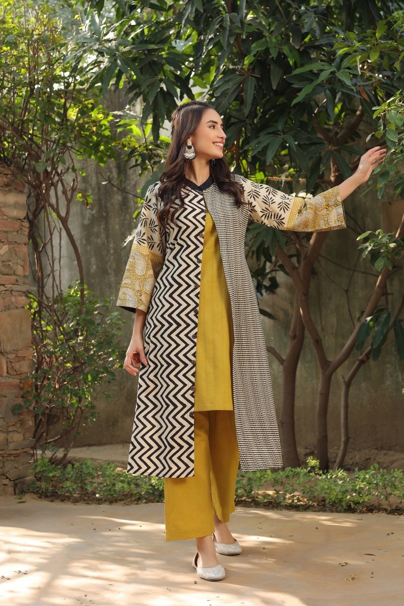 PAYAL Mustard Yellow Kurta Suit Set with Amazing Print Design Jacket - Payal