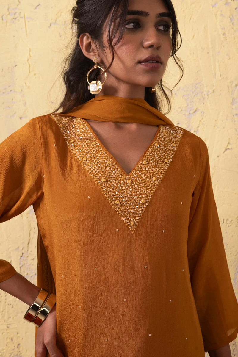 PAYAL Mustard Yellow Silk Kurta Suit Set with Chiffon Dupatta - Payal