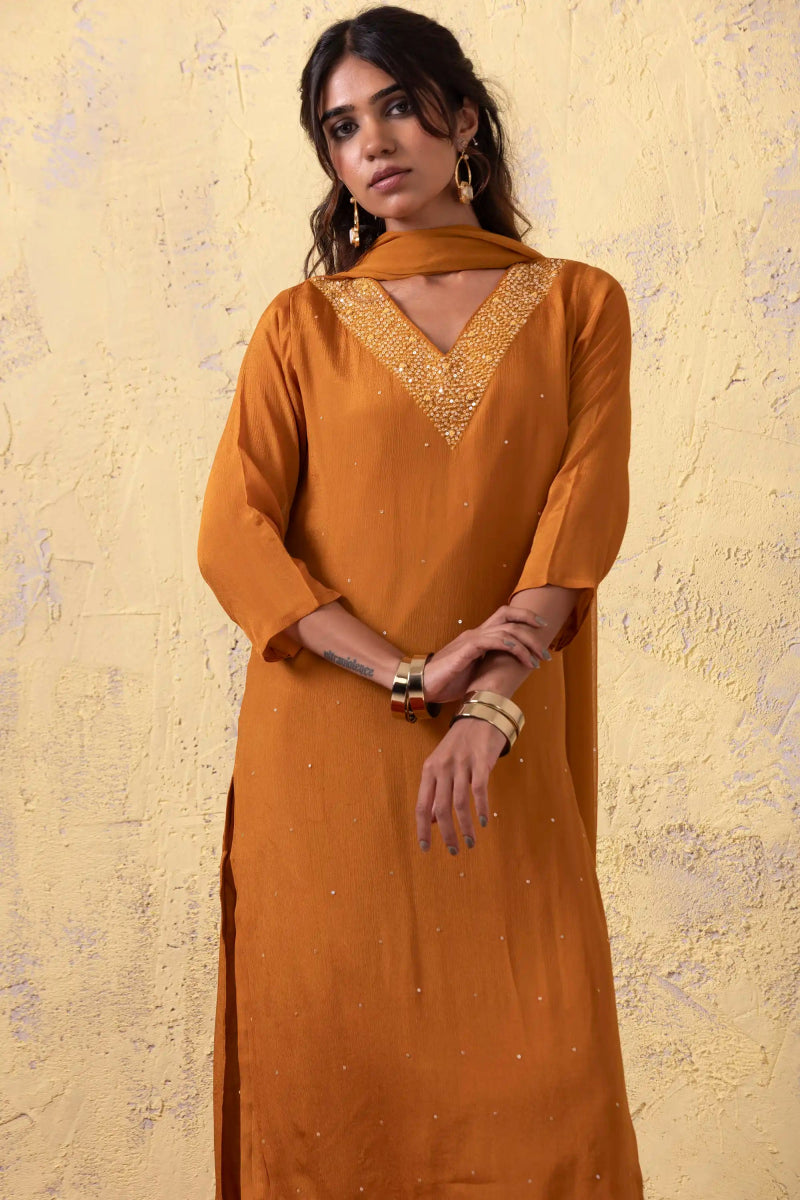 PAYAL Mustard Yellow Silk Kurta Suit Set with Chiffon Dupatta - Payal