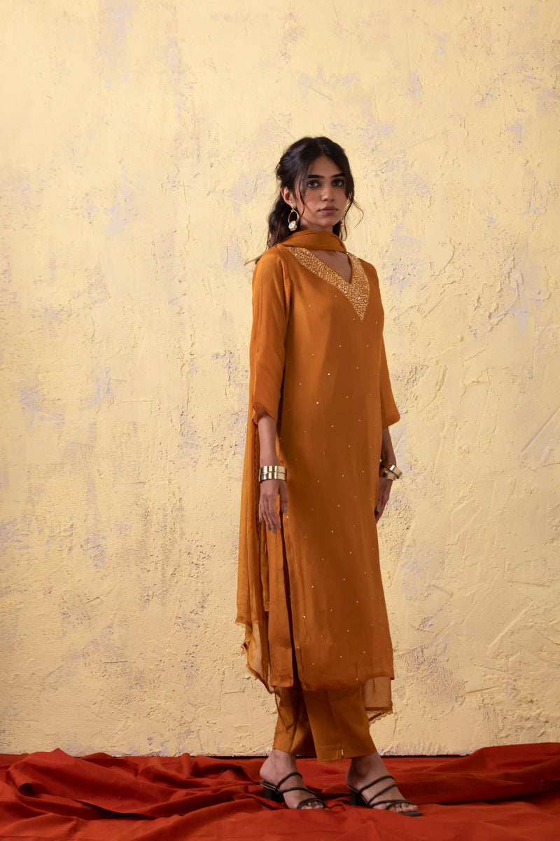 PAYAL Mustard Yellow Silk Kurta Suit Set with Chiffon Dupatta - Payal