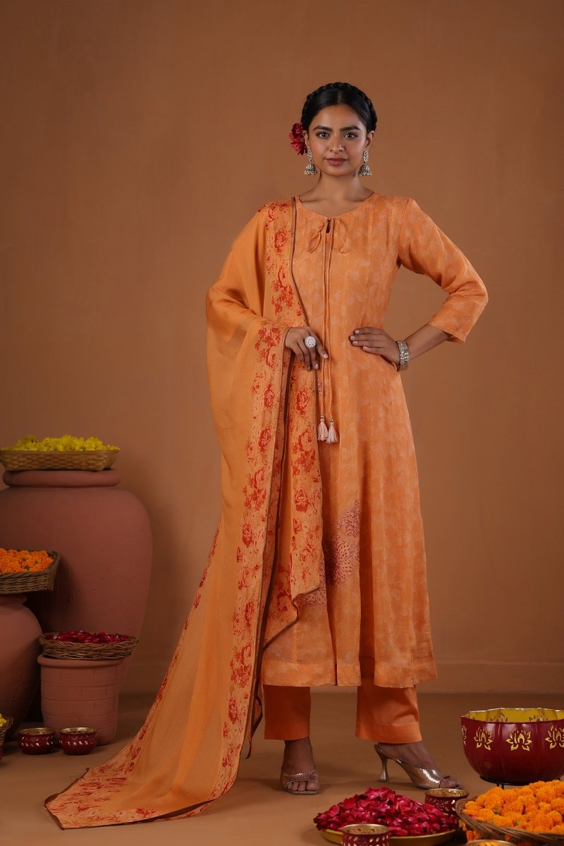 PAYAL Ochre Kalidar Festive Suit Set with Print & Embroidery Detailing - Payal