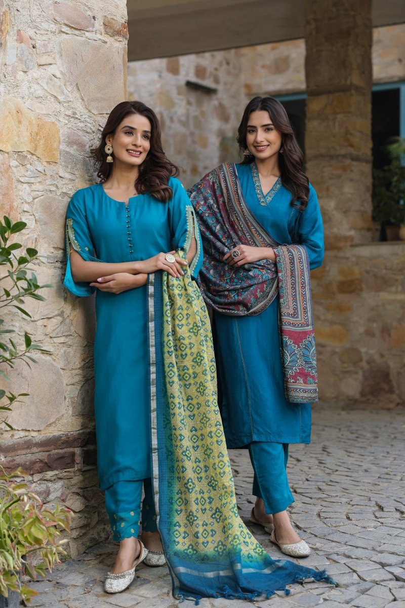 PAYAL Peacock Blue Kurta Suit Set with Cut Sleeve Design - Payal