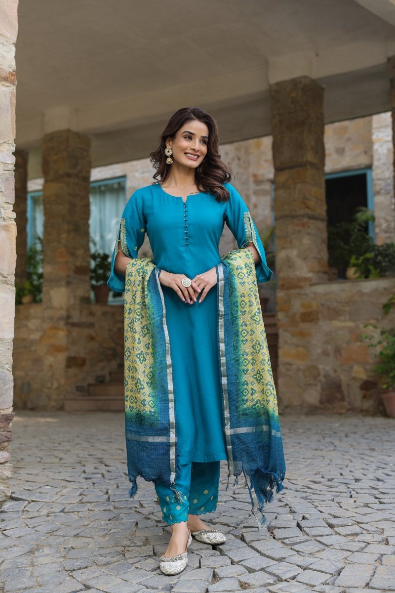 PAYAL Peacock Blue Kurta Suit Set with Cut Sleeve Design - Payal